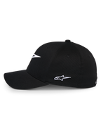 Alpinestars Ageless Multi Kappe, schwarze Baseball-Kappe, Seitenansicht mit weißem gesticktem Astars-Logo, gebogener Schirm und strukturierte Krone, lässige Sportbekleidung
