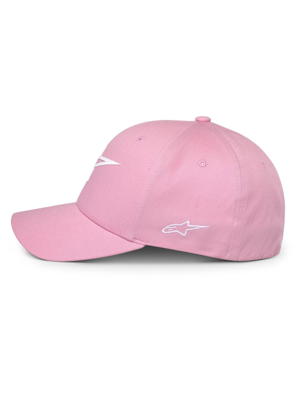 Alpinestars Ageless Multi Mütze, Pink, Seitenansicht, mit weißem 3D-Druck-Logo vorne und gesticktem Logo an der Seite, strukturierte Krone mit gebogenem Schirm, lässige vom Motorsport inspirierte Kopfbedeckung
