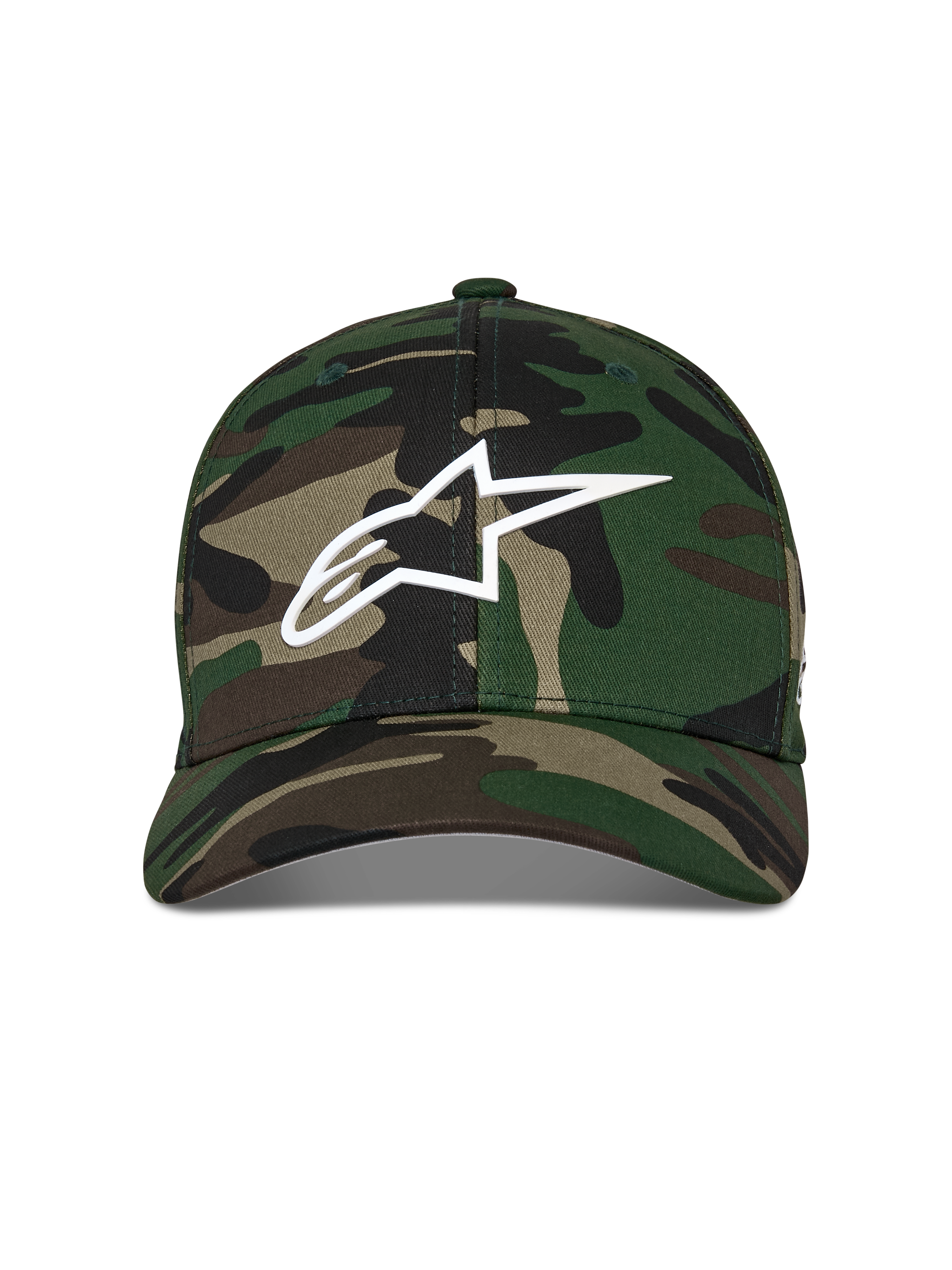 Alpinestars Ageless Multi Hat, Baseball Cap, Green Camo, featuring a white 3D printed Astars logo on the front, structured crown with a curved bill, casual motorsport-inspired headwear
