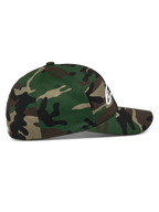 Alpinestars Ageless Multi Hat, Green Camo, side profile view, curved bill with structured crown, stretch twill fabric, white 3D print Astars logo on front and flat embroidery on the back, casual sportswear
