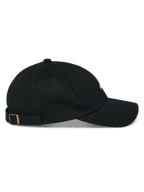 Alpinestars Deduce Strapback Hat, Black, side profile view, curved bill with unstructured low crown, cotton twill fabric, adjustable strapback closure with metal buckle, casual motorsport-inspired headwear