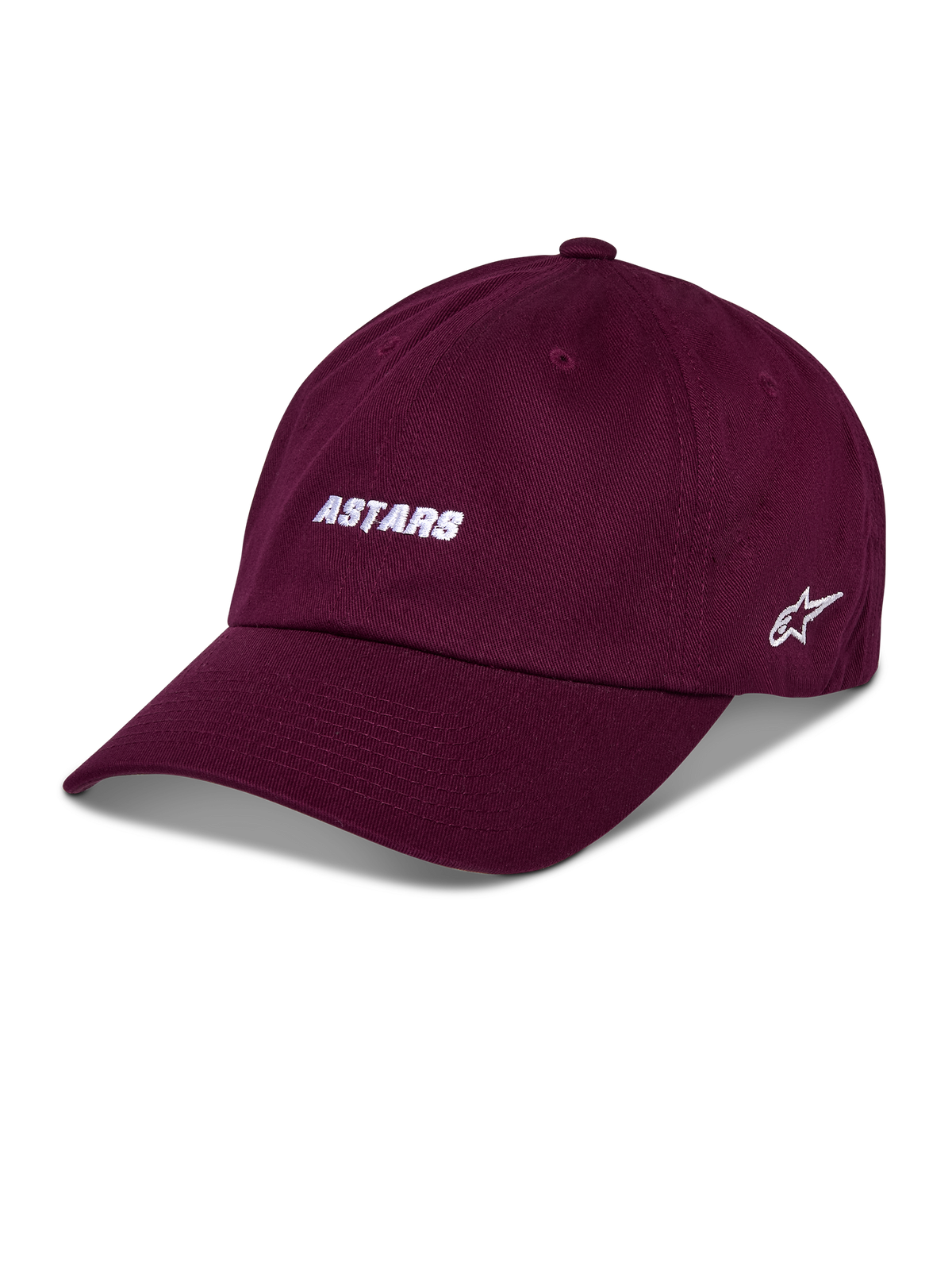 Alpinestars Deduce Strapback Mütze, Baseball-Kappe, Burgunderrot, weißer ASTARS-Schriftzug auf der Vorderseite, Stern-Logo an der Seite, gebogener Schirm, lässige Motorsport-Streetwear