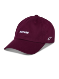 Alpinestars Deduce Strapback Hat, Baseball Cap, Burgundy, white embroidered ASTARS text on front, star logo on side, curved bill, casual motorsport streetwear