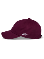 Alpinestars Deduce Strapback Hat, Burgundy, side profile view with white embroidered Astars logo, curved bill, unstructured low crown, casual cotton twill headwear