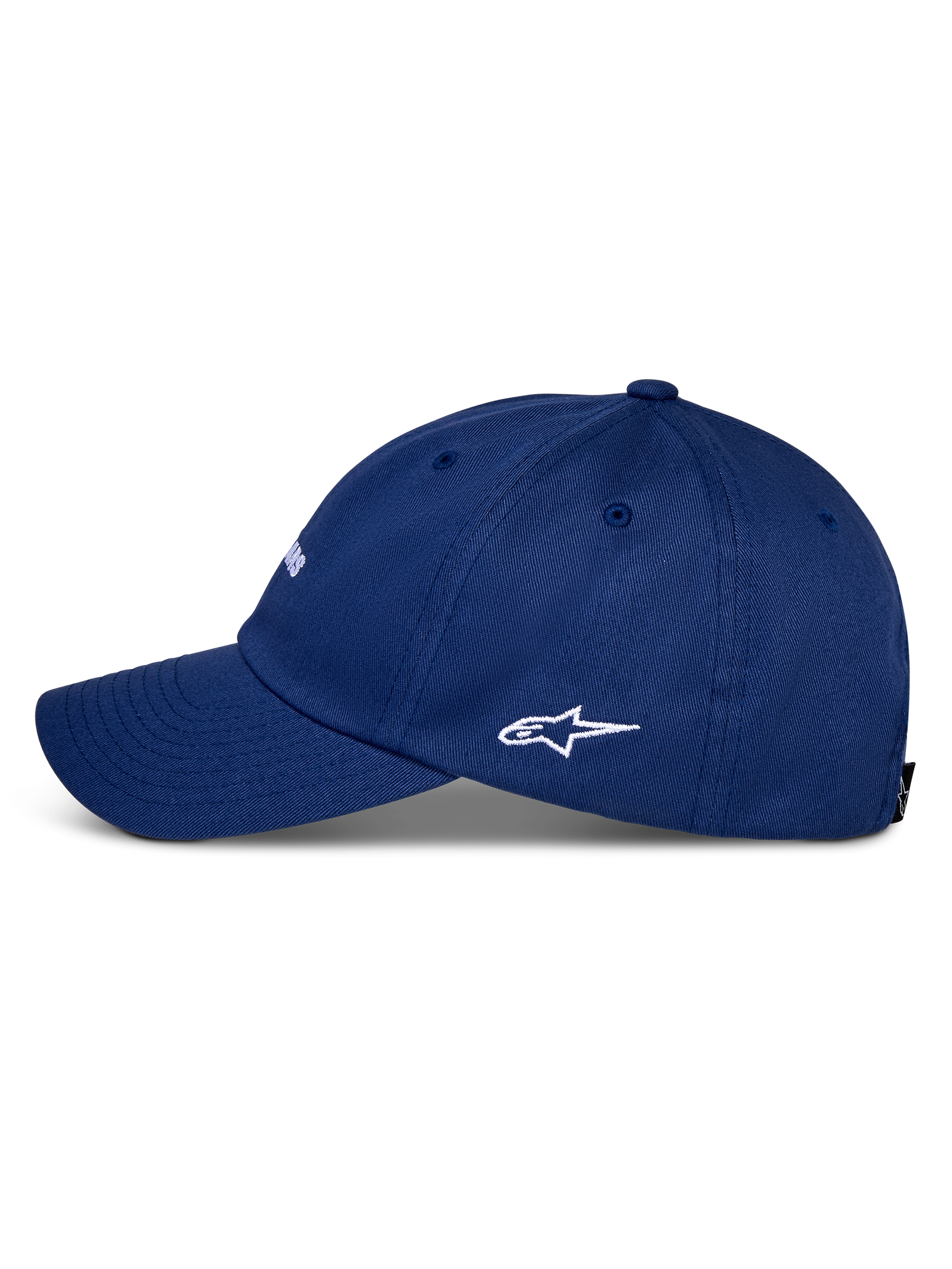 Alpinestars Deduce Strapback Mütze, Blau, Seitenansicht mit gebogenem Schirm und weiß gesticktem Astars-Logo, Baumwolltwill-Konstruktion, lässige Sportbekleidung