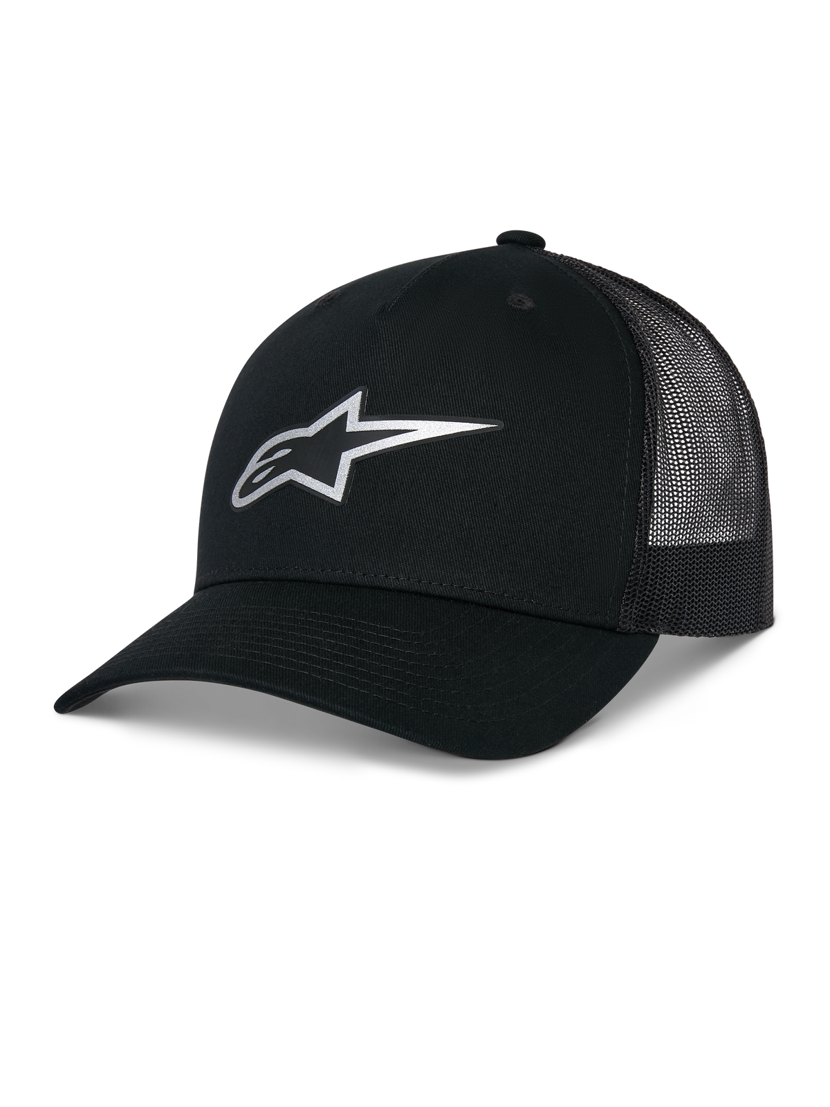 Alpinestars Reflect Ageless Trucker Mütze, Schwarz, mit reflektierendem silbernem Astars-Logo auf der Vorderseite, gebogenem Schirm und Mesh-Rückseite, strukturierte Krone, lässige Motorsport-Kopfbedeckung