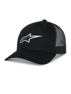 Alpinestars Reflect Ageless Trucker Hat, Black, featuring a reflective silver Astars logo on the front, curved brim and mesh back panels, structured crown, casual motorsport headwear