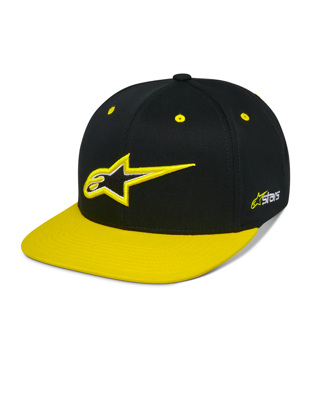 Alpinestars Thickness Snapback Hat, Schwarz und Hi-Vis-gelbe Snapback-Cap, strukturierte Krone mit 3D-gesticktem Astars-Logo, flacher gelber Schirm, gelbe Ösen, lässige Motorsport-Kopfbedeckung