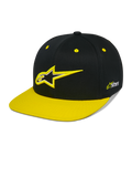 Alpinestars Thickness Snapback Hat, Schwarz und Hi-Vis-gelbe Snapback-Cap, strukturierte Krone mit 3D-gesticktem Astars-Logo, flacher gelber Schirm, gelbe Ösen, lässige Motorsport-Kopfbedeckung