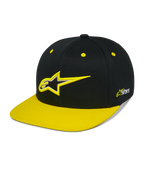 Alpinestars Thickness Snapback Hat, Schwarz und Hi-Vis-gelbe Snapback-Cap, strukturierte Krone mit 3D-gesticktem Astars-Logo, flacher gelber Schirm, gelbe Ösen, lässige Motorsport-Kopfbedeckung