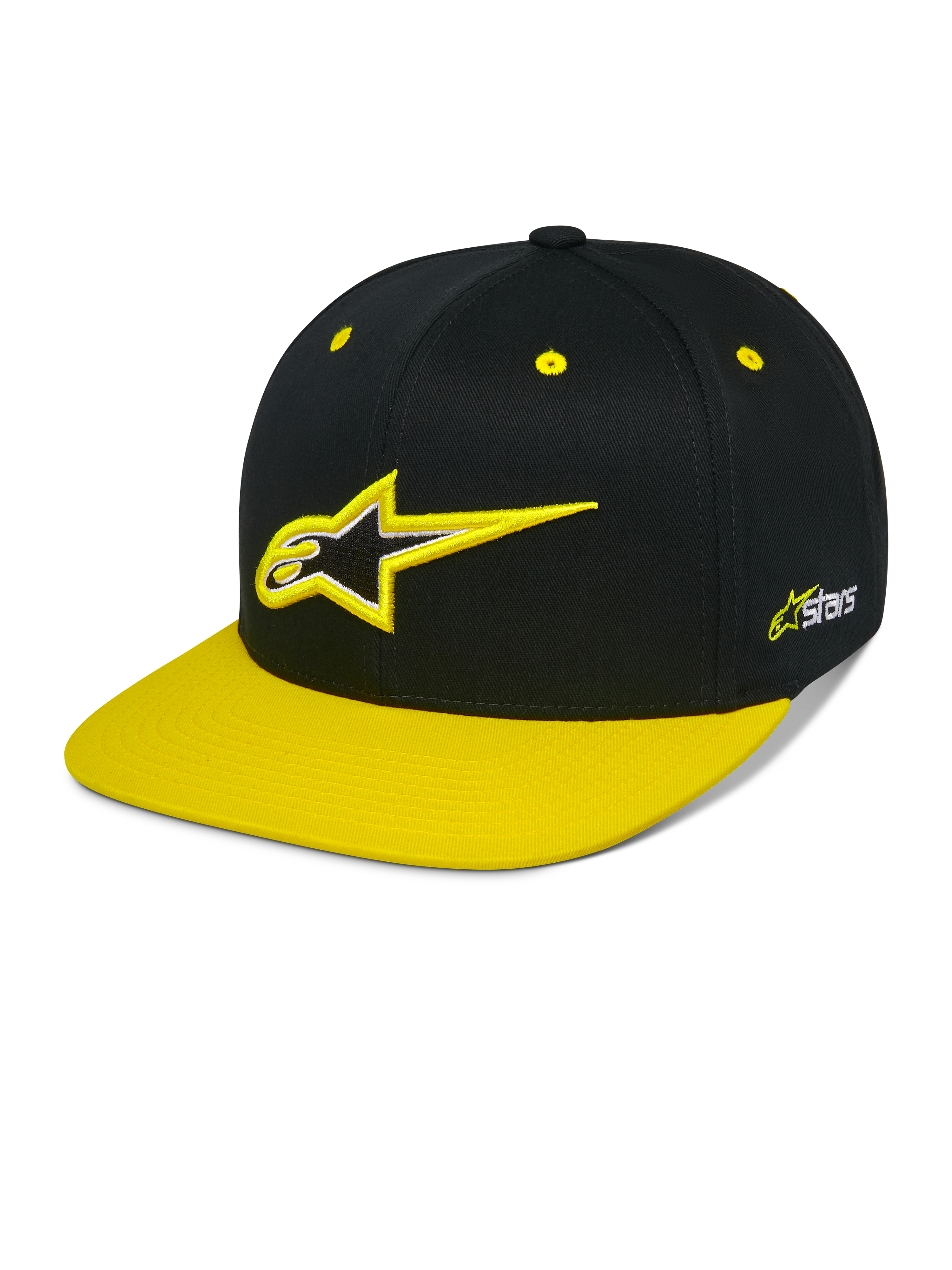 Alpinestars Thickness Snapback Hat, Schwarz und Hi-Vis-gelbe Snapback-Cap, strukturierte Krone mit 3D-gesticktem Astars-Logo, flacher gelber Schirm, gelbe Ösen, lässige Motorsport-Kopfbedeckung