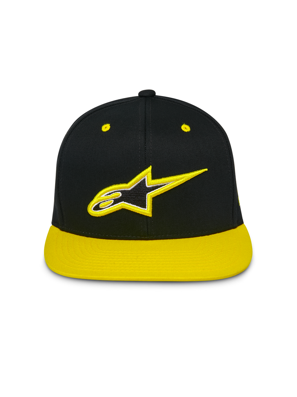 Alpinestars Thickness Snapback Cap, Cap mit flachem Schirm und strukturierter Krone, Schwarz mit neongelbem Schirm und Ösen, 3D-besticktes Astars-Logo auf der Vorderseite, lässige Motorsport-Streetwear
