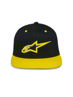 Alpinestars Thickness Snapback Cap, Cap mit flachem Schirm und strukturierter Krone, Schwarz mit neongelbem Schirm und Ösen, 3D-besticktes Astars-Logo auf der Vorderseite, lässige Motorsport-Streetwear