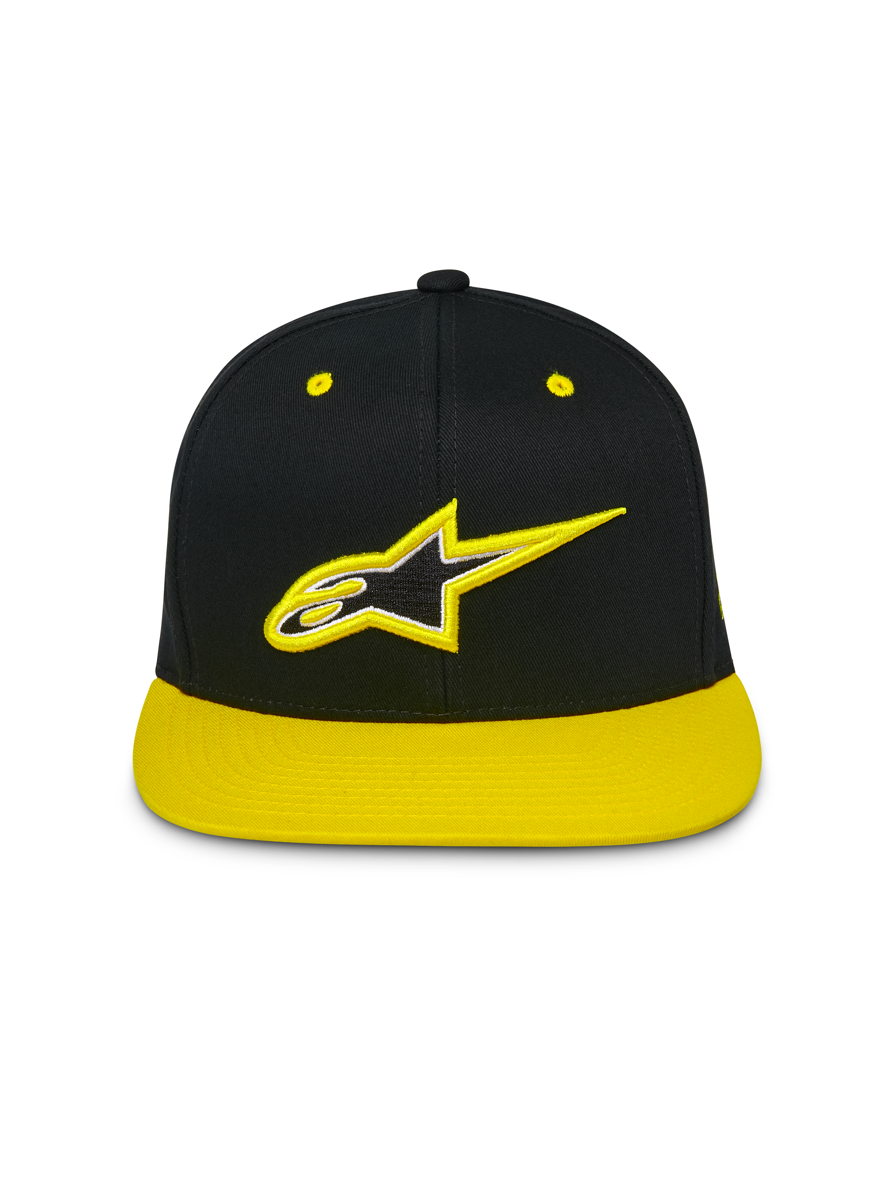 Alpinestars Thickness Snapback Cap, Cap mit flachem Schirm und strukturierter Krone, Schwarz mit neongelbem Schirm und Ösen, 3D-besticktes Astars-Logo auf der Vorderseite, lässige Motorsport-Streetwear