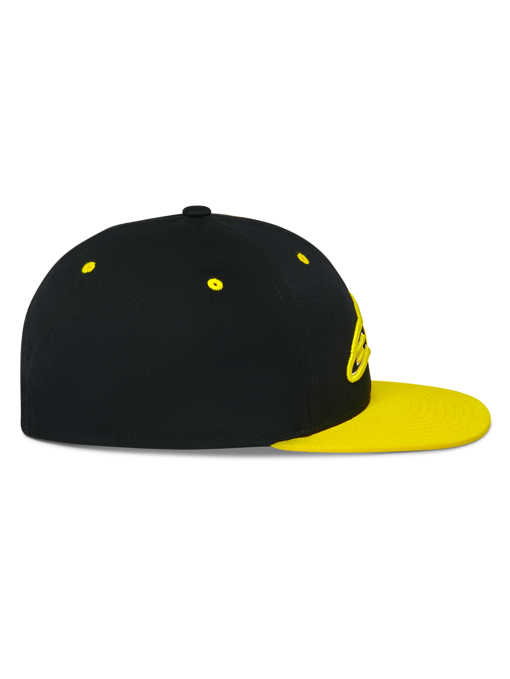 Alpinestars Thickness Snapback Mütze, Seitenansicht, schwarze Krone mit neongelbem flachem Schirm und Ösen, 3D-Sticklogo auf der Vorderseite, lässige, vom Motorsport inspirierte Kopfbedeckung