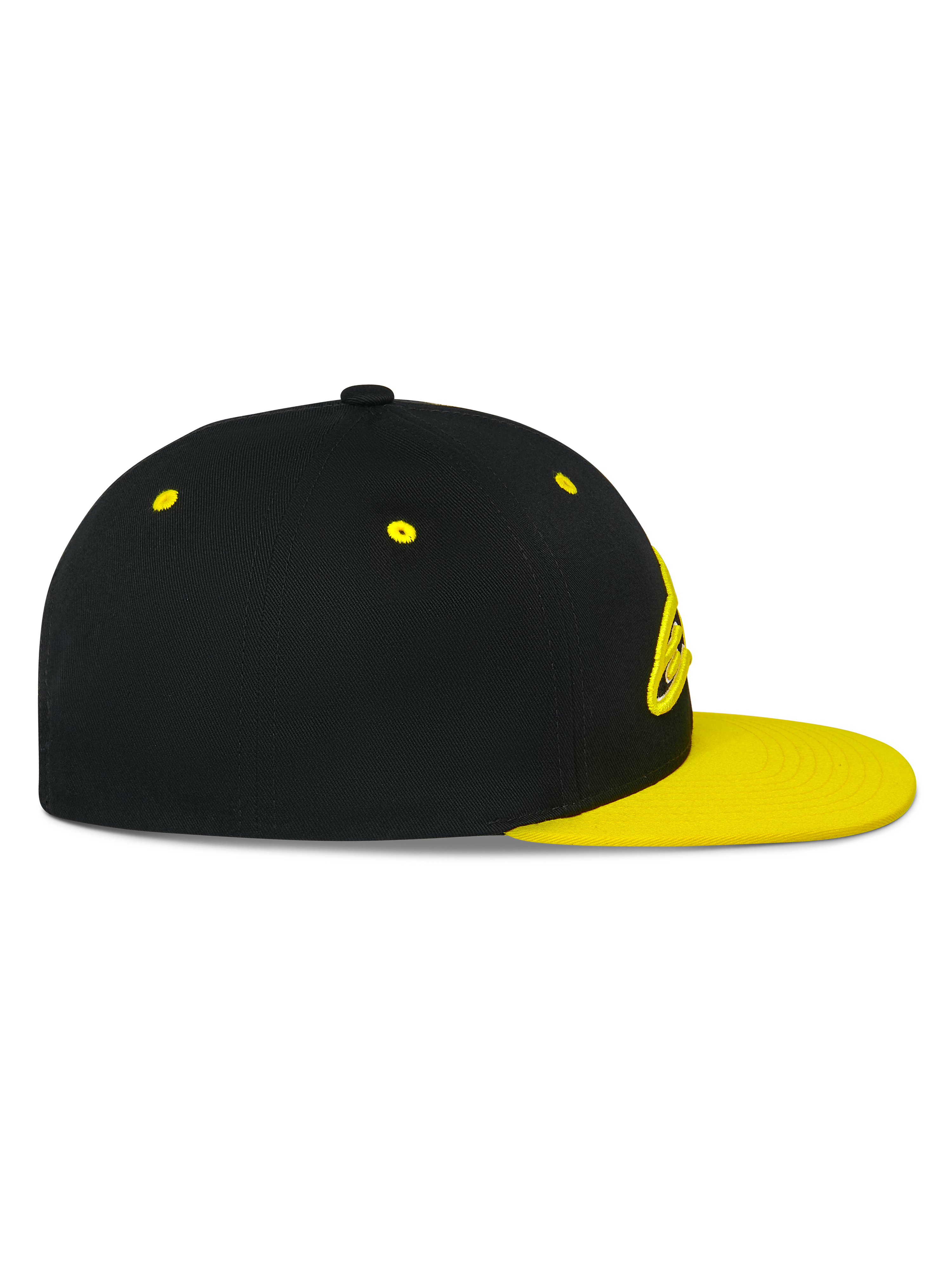 Alpinestars Thickness Snapback Mütze, Seitenansicht, schwarze Krone mit neongelbem flachem Schirm und Ösen, 3D-Sticklogo auf der Vorderseite, lässige, vom Motorsport inspirierte Kopfbedeckung