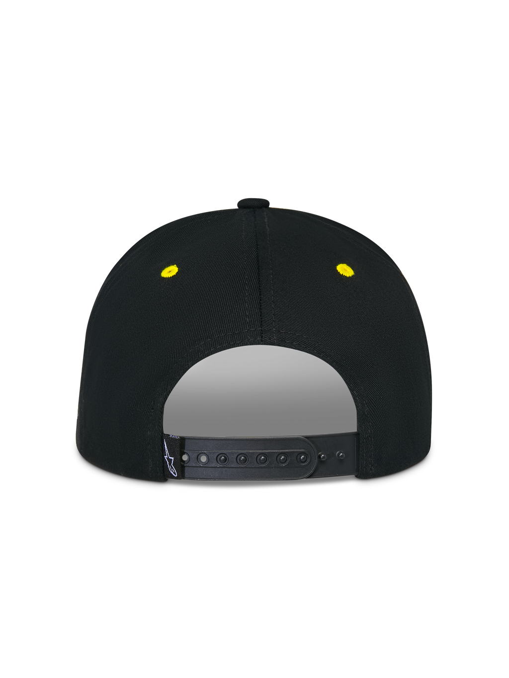 Alpinestars Thickness Snapback Mütze, Schwarz und Hi-Vis Gelb, Rückansicht mit verstellbarem Snapback-Verschluss, gelben gestickten Ösen, strukturierter Krone, lässige Motorsport-Kopfbedeckung