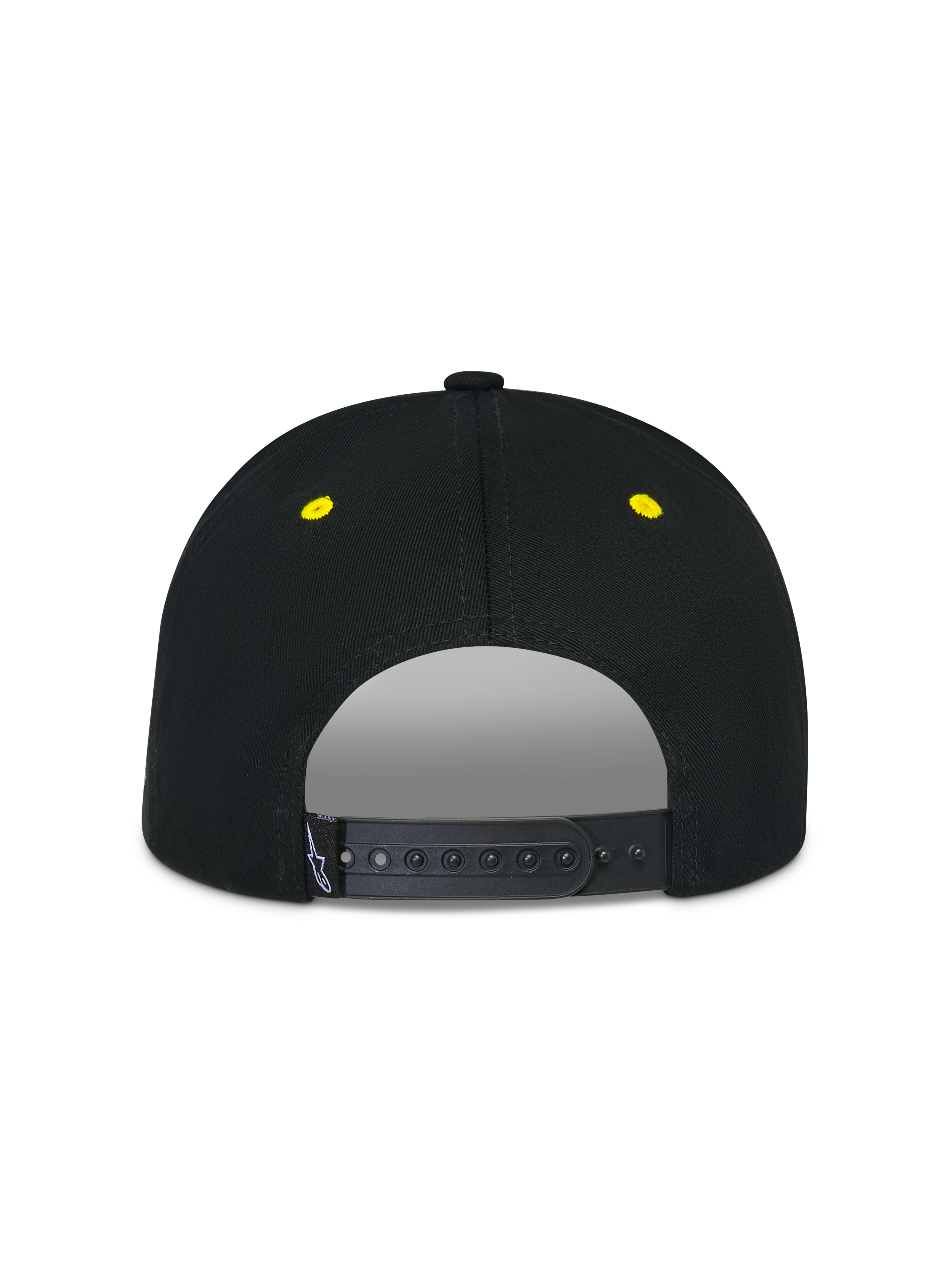 Alpinestars Thickness Snapback Mütze, Schwarz und Hi-Vis Gelb, Rückansicht mit verstellbarem Snapback-Verschluss, gelben gestickten Ösen, strukturierter Krone, lässige Motorsport-Kopfbedeckung