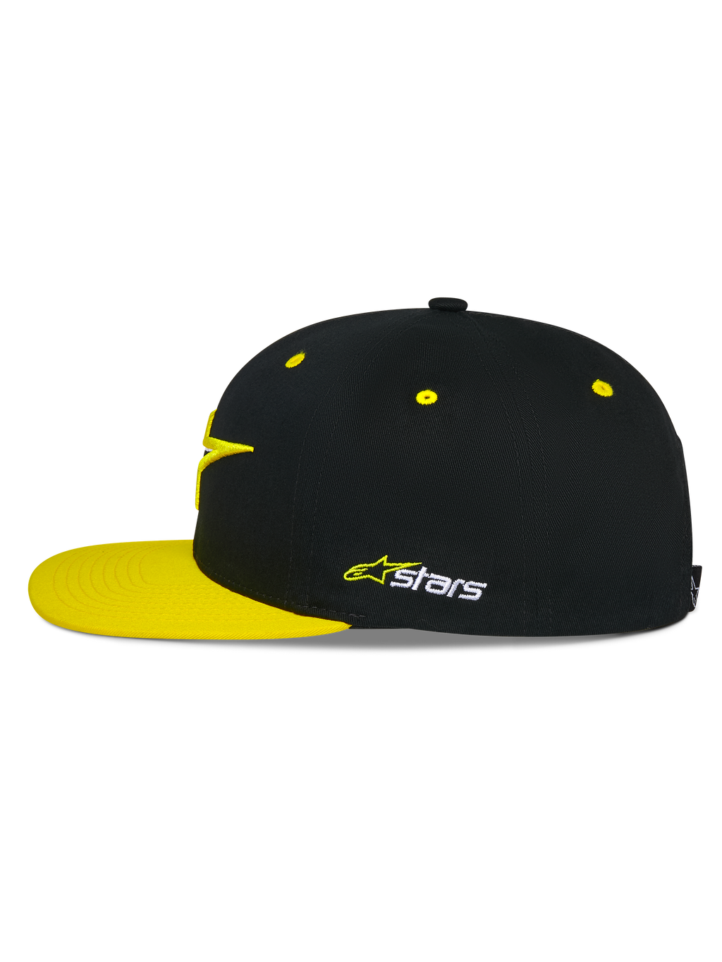 Alpinestars Thickness Snapback Mütze, Schwarz und Hi-Vis Gelb, Seitenprofil, strukturierte Krone mit gelben Belüftungsösen und flachem gelbem Schirm, besticktes Astars-Logo an der Seite, lässige Motorsport-Kopfbedeckung