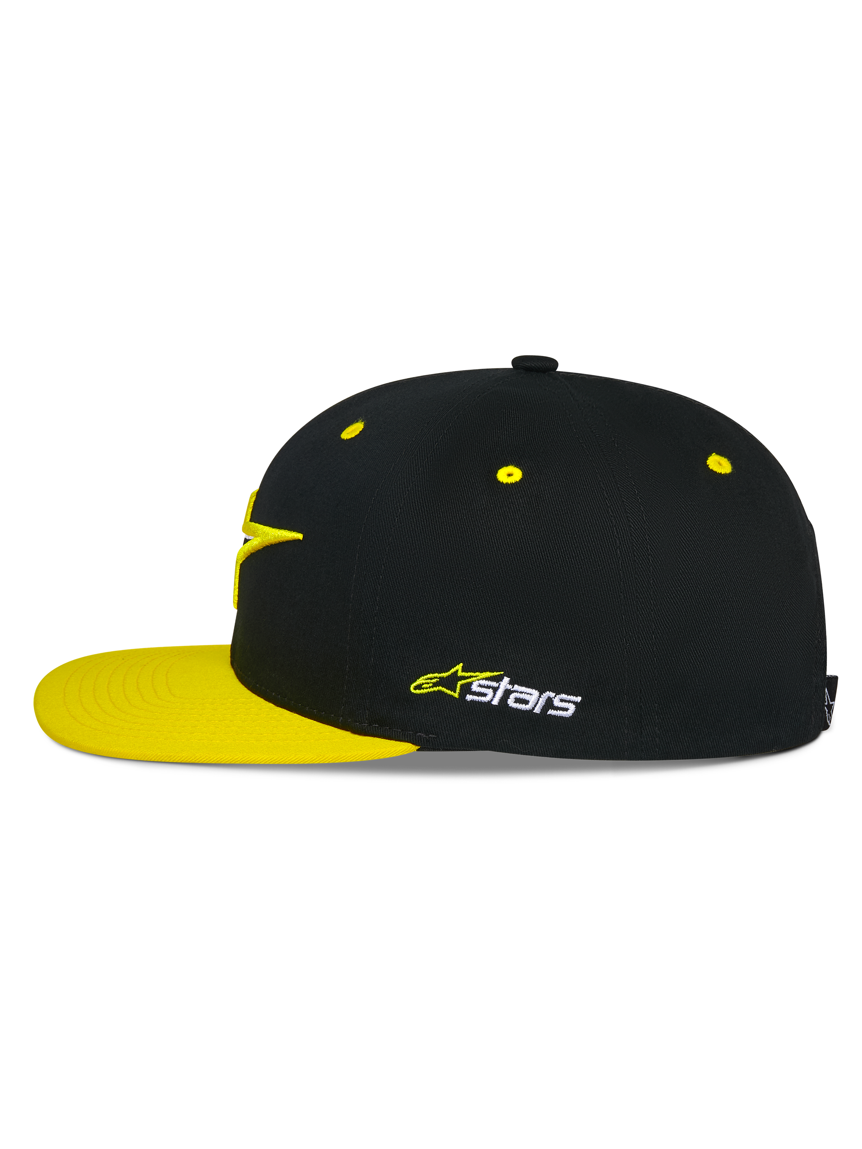 Alpinestars Thickness Snapback Mütze, Schwarz und Hi-Vis Gelb, Seitenprofil, strukturierte Krone mit gelben Belüftungsösen und flachem gelbem Schirm, besticktes Astars-Logo an der Seite, lässige Motorsport-Kopfbedeckung