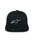 Alpinestars Thickness Snapback Hat, Black, front view featuring structured crown and flat bill, 3D embroidered Astars logo with white and light blue detailing, casual motorsport-inspired streetwear