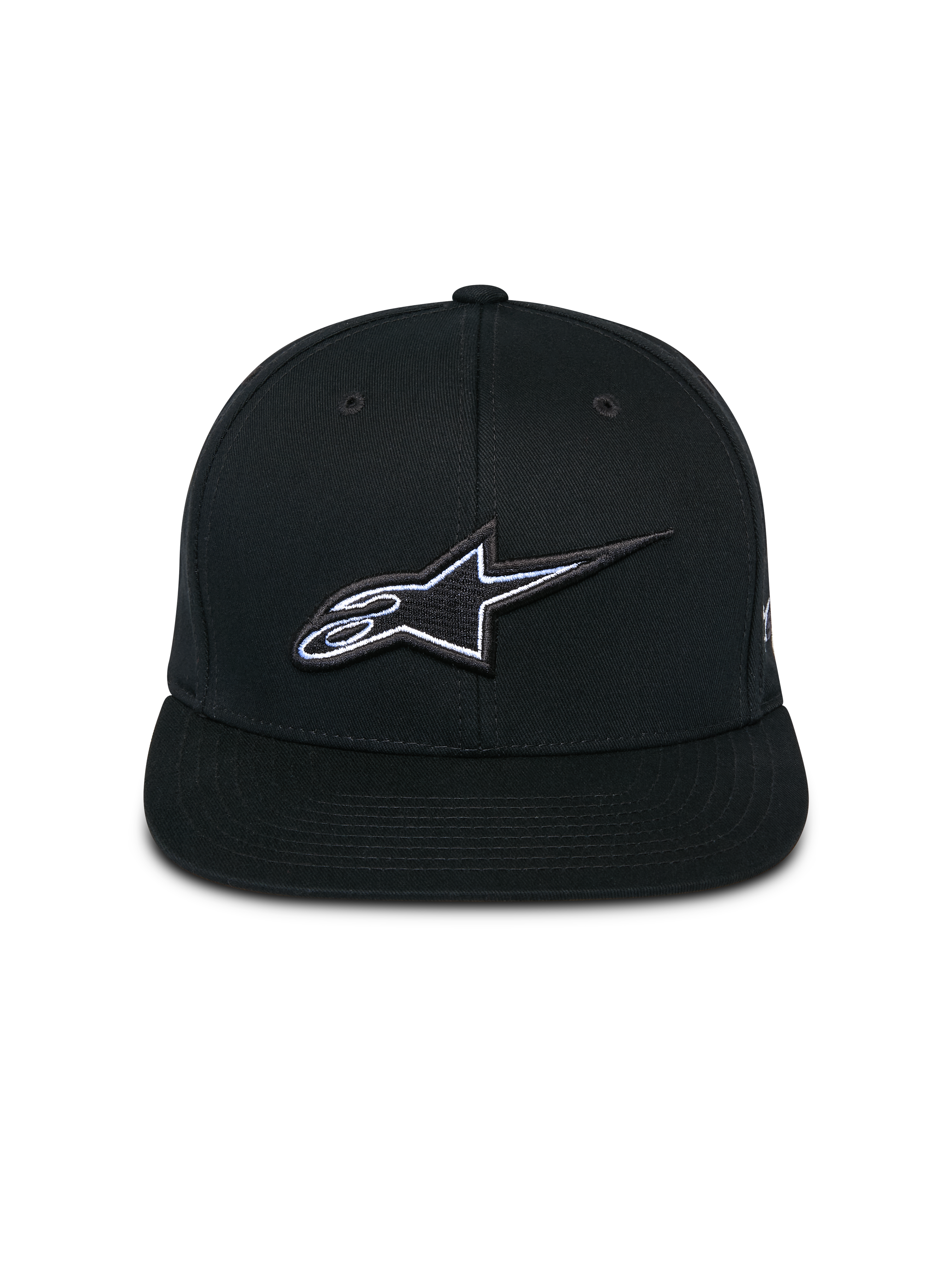 Alpinestars Thickness Snapback Hat, Black, front view featuring structured crown and flat bill, 3D embroidered Astars logo with white and light blue detailing, casual motorsport-inspired streetwear