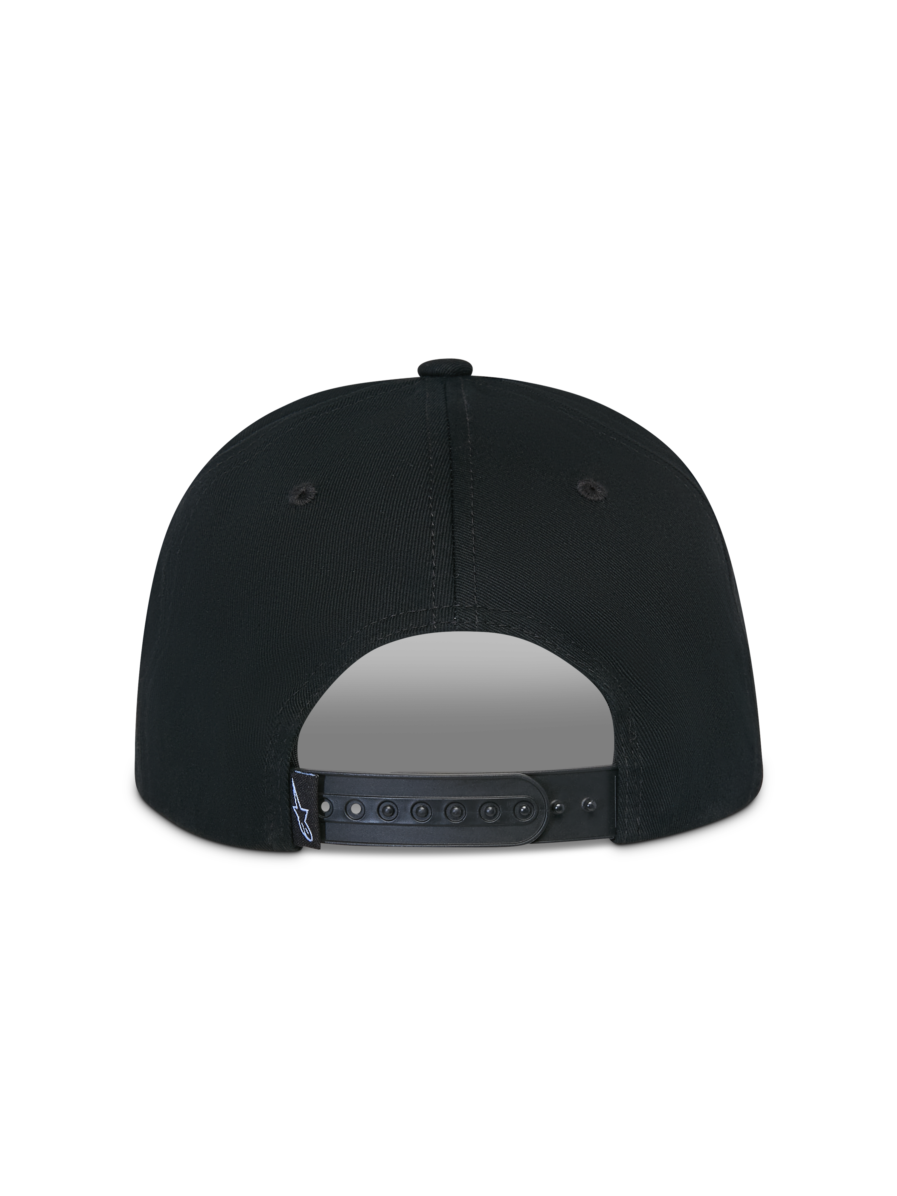 Alpinestars Thickness Snapback Hat, Black, back view showing the adjustable snapback closure, black plastic strap with small white Astars logo tag, structured cotton twill crown, casual sportswear