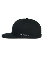 Alpinestars Thickness Snapback Hat, Black, side profile view showing a structured crown and flat bill, white Astars side logo embroidery, casual motorsport-inspired headwear