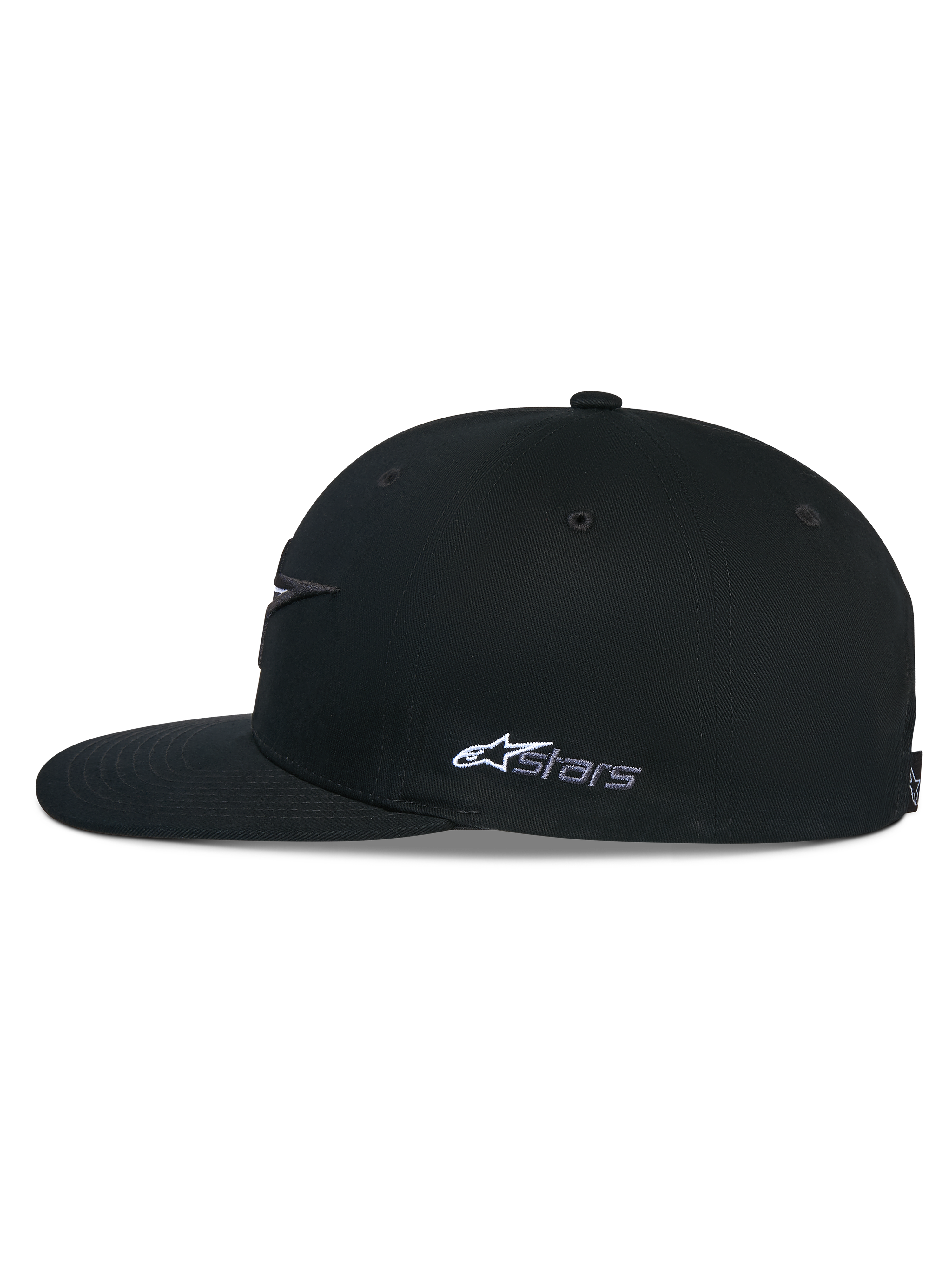 Alpinestars Thickness Snapback Hat, Black, side profile view showing a structured crown and flat bill, white Astars side logo embroidery, casual motorsport-inspired headwear
