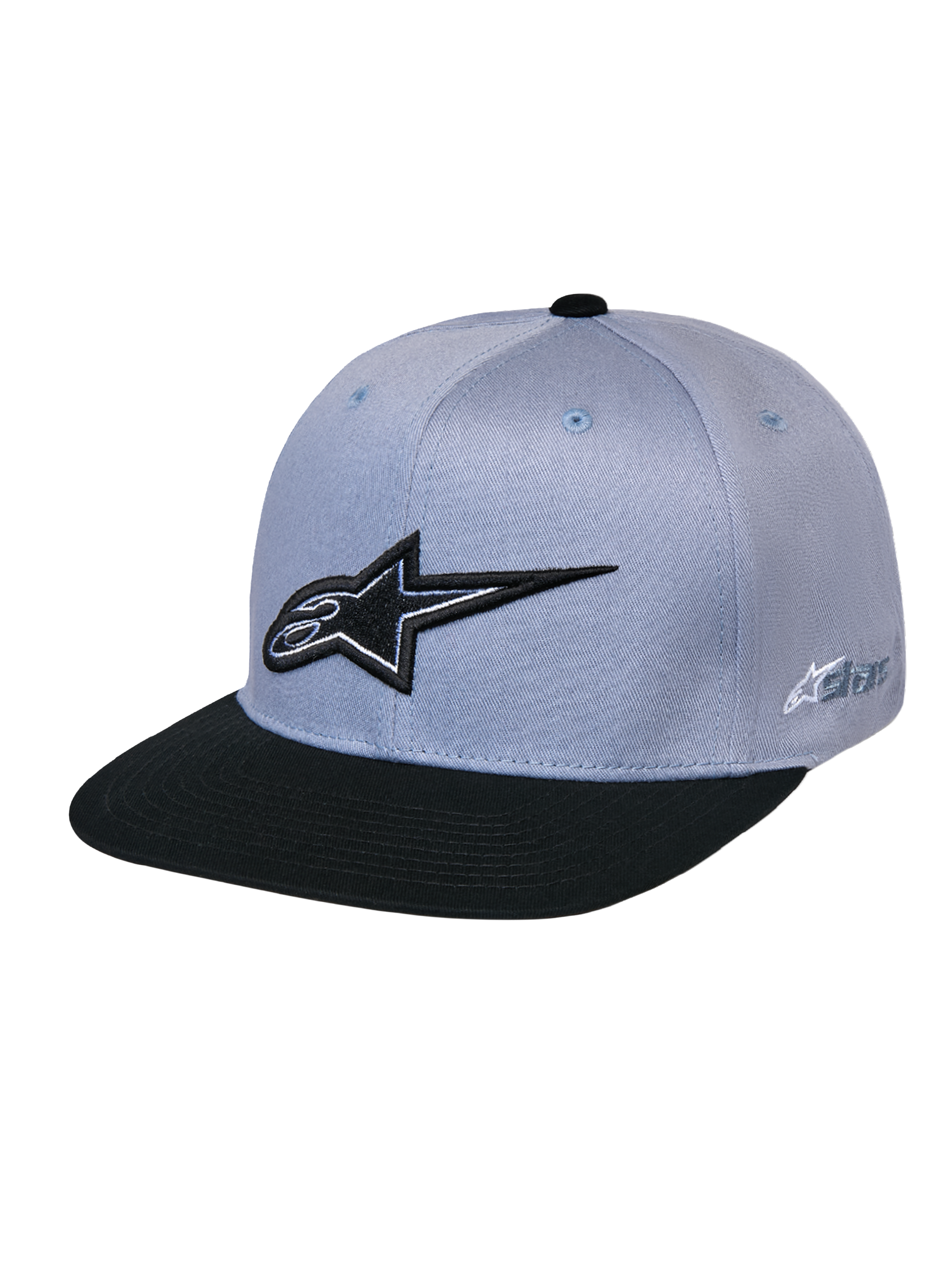 Alpinestars Thickness Snapback Hat, Grey and Black, featuring a structured crown and flat bill, black 3D embroidered Astars logo on front, side logo branding, casual motorsport-inspired headwear