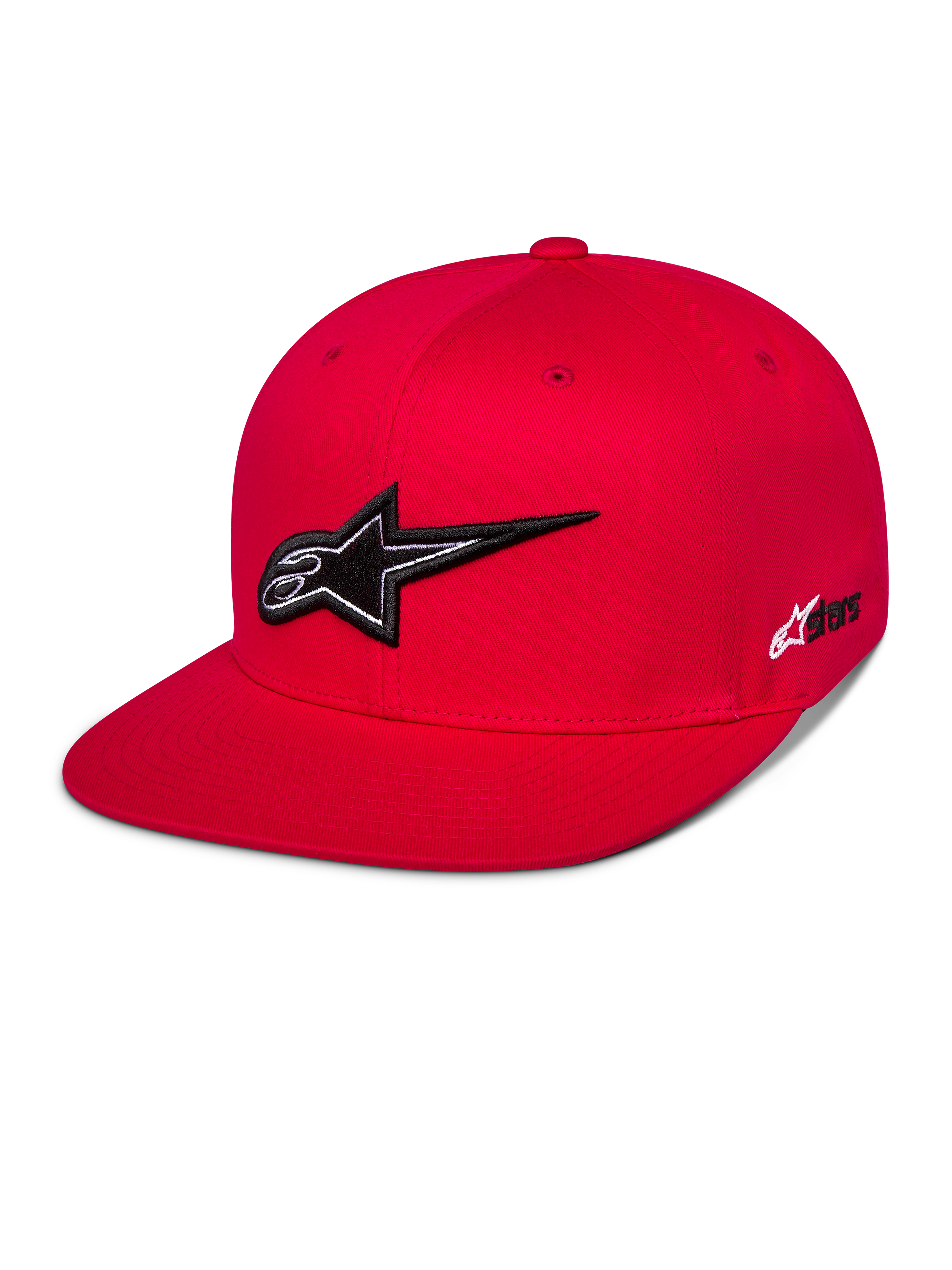 Alpinestars Thickness Snapback Mütze, rote Baseball-Kappe mit flachem Schirm, markante schwarz-weiße 3D-Astars-Logo-Stickerei, strukturierte Krone mit passenden roten Belüftungsösen, lässige Motorsport-Streetwear