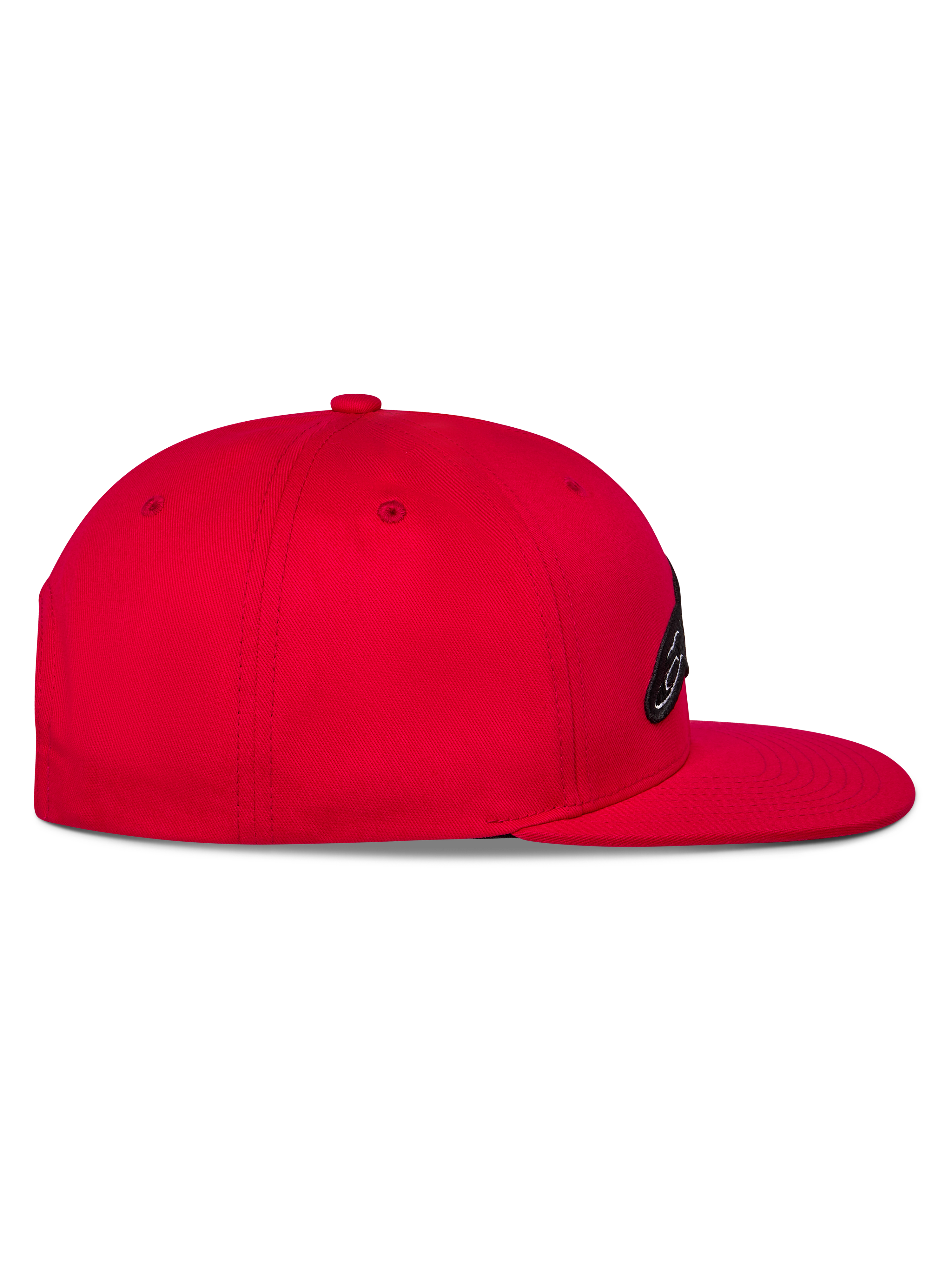 Alpinestars Thickness Snapback Mütze, Rot, Seitenansicht mit flachem Schirm und strukturierter Krone, besticktes Logo auf der Vorderseite, lässige, vom Motorsport inspirierte Kopfbedeckung