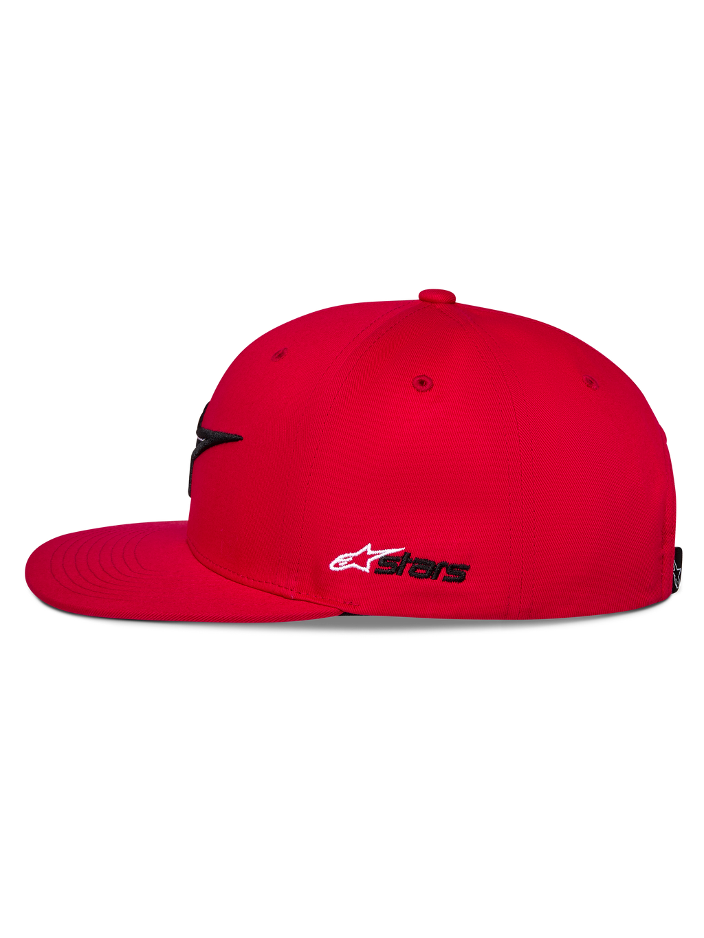 Alpinestars Thickness Snapback Cap, Rot, Seitenansicht, flacher Schirm und strukturierte Krone, weiß-schwarze Astars-Stickerei an der Seite, lässige, vom Motorsport inspirierte Kopfbedeckung