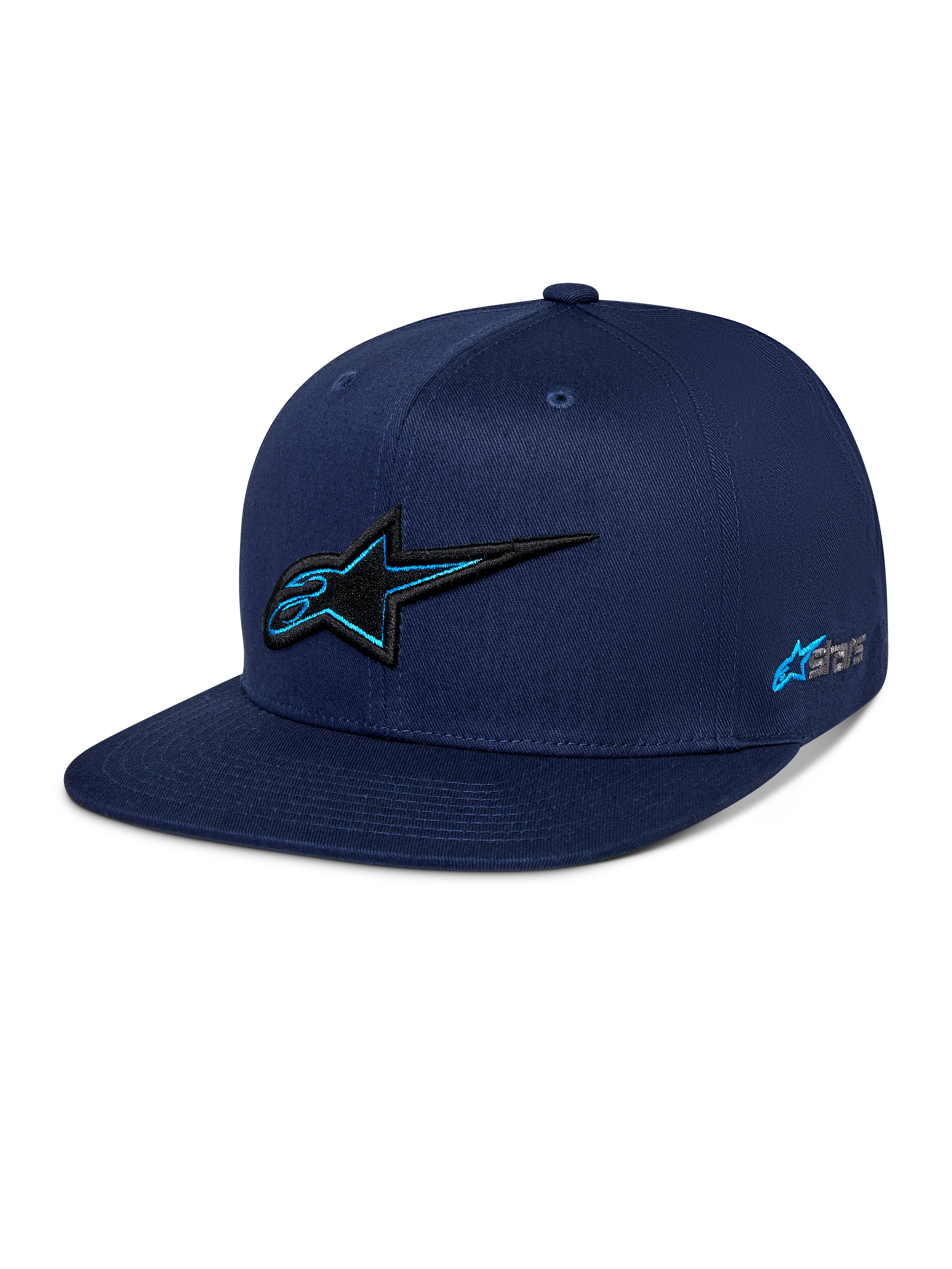Alpinestars Thickness Snapback Hat, Navy Blue, structured crown with a flat bill, 3D black embroidered Astars logo with light blue outline, side logo embroidery, casual motorsport-inspired streetwear.