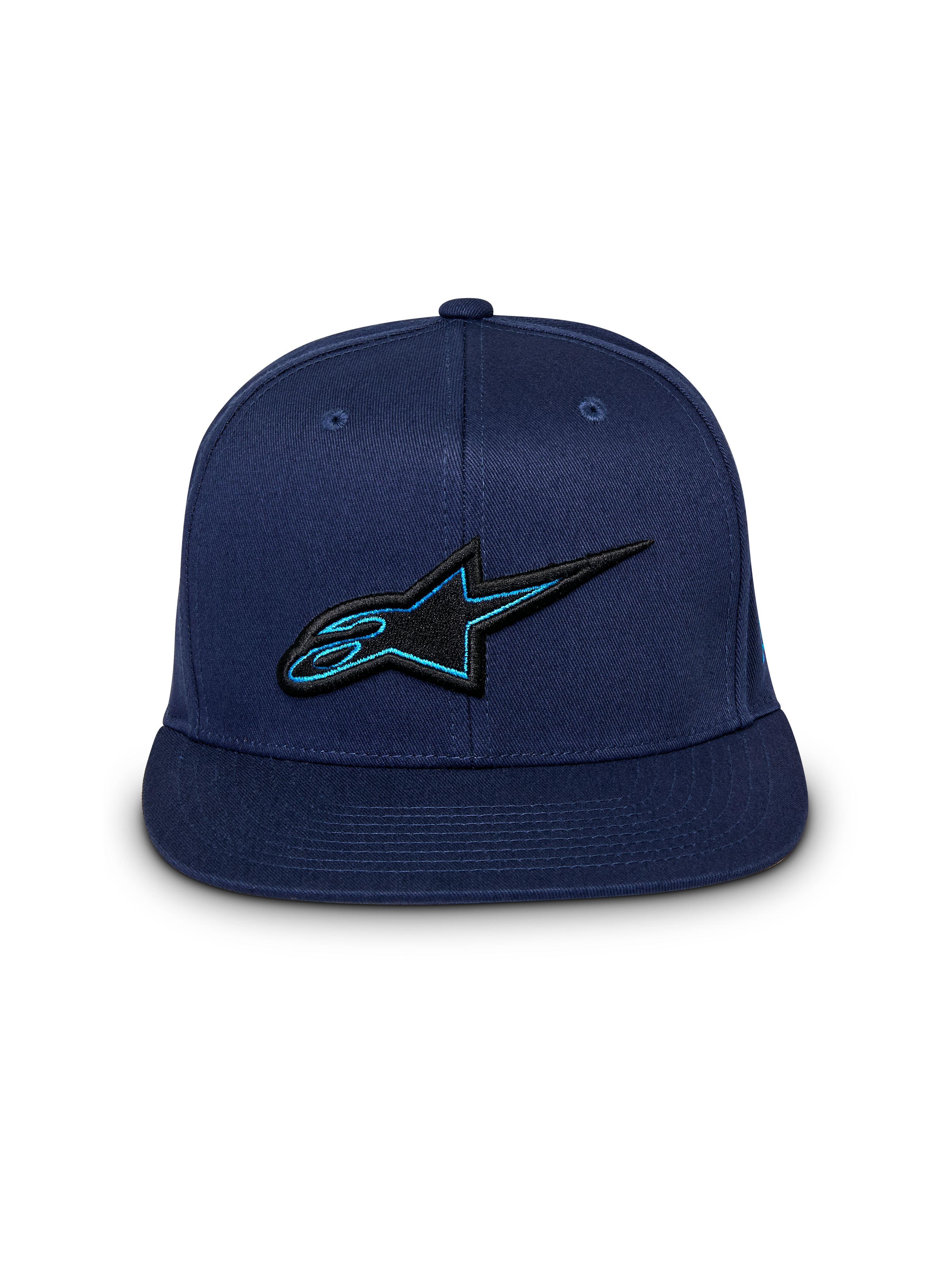 Alpinestars Thickness Snapback Hat, Navy Blue Cap, Front View, 3D Embroidered Black and Blue Astars Logo, Flat Bill, Casual Motorsport Streetwear