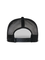 Alpinestars Flag Flat Trucker Hat, Black, back view showing breathable poly mesh construction, adjustable snapback closure, and small woven logo detail, casual motorsport headwear