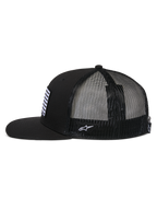Alpinestars Flag Flat Trucker Hat, side profile, Black, flat bill and structured crown, breathable polyester mesh back, front flag patch and white side logo embroidery, casual motorsport-inspired headwear