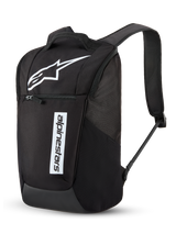 Alpinestars Defcon V3 Rucksack, Tagesrucksack, Schwarz und Weiß, mit großem weißem Astar-Logo und vertikaler Alpinestars-Wortmarke, vordere Reißverschlusstasche, gepolsterte Air-Mesh-Schultergurte, strapazierfähiges 600D Polyester, lässiges vom Motorsport inspiriertes Design