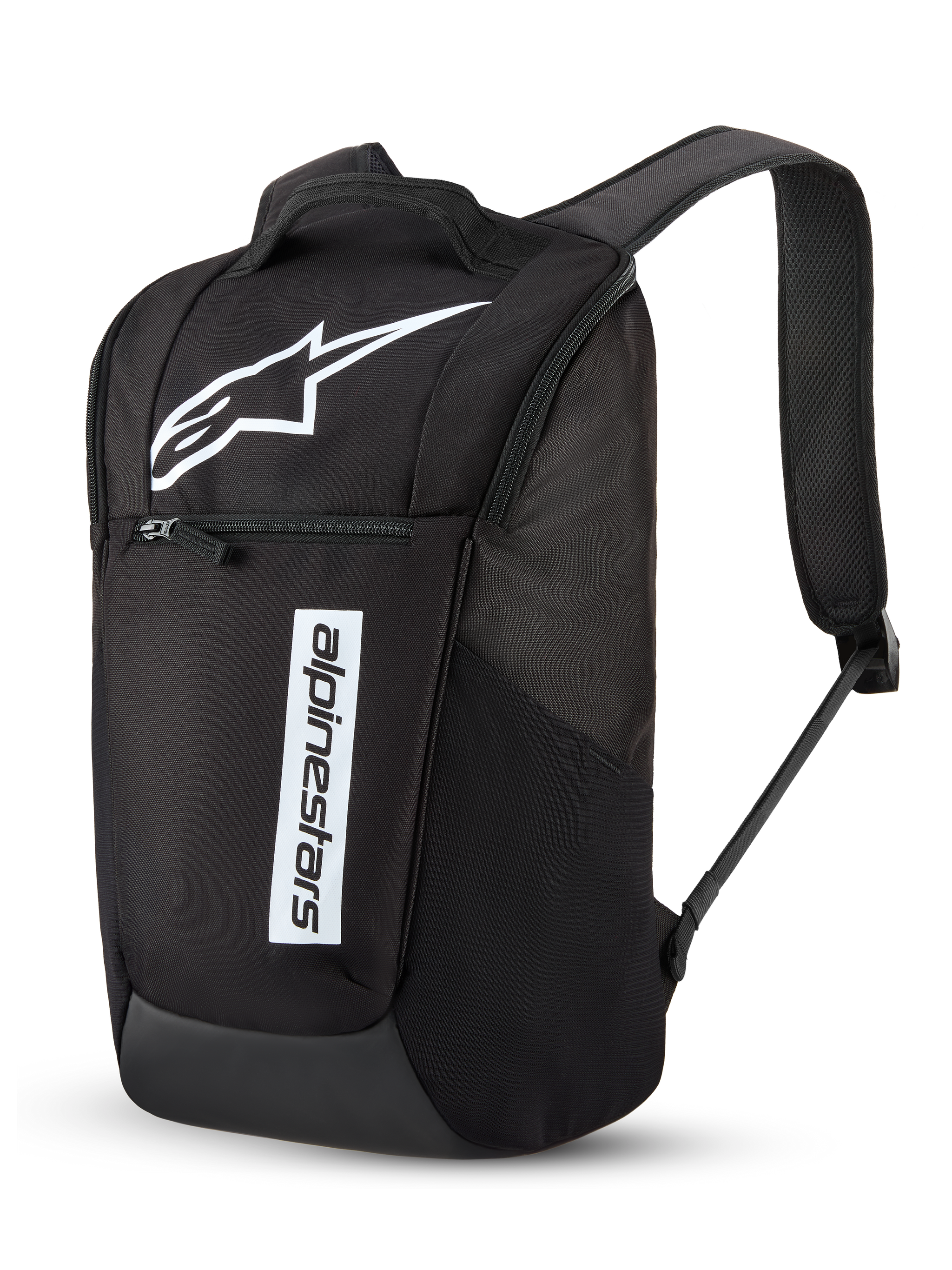 Alpinestars Defcon V3 Rucksack, Tagesrucksack, Schwarz und Weiß, mit großem weißem Astar-Logo und vertikaler Alpinestars-Wortmarke, vordere Reißverschlusstasche, gepolsterte Air-Mesh-Schultergurte, strapazierfähiges 600D Polyester, lässiges vom Motorsport inspiriertes Design