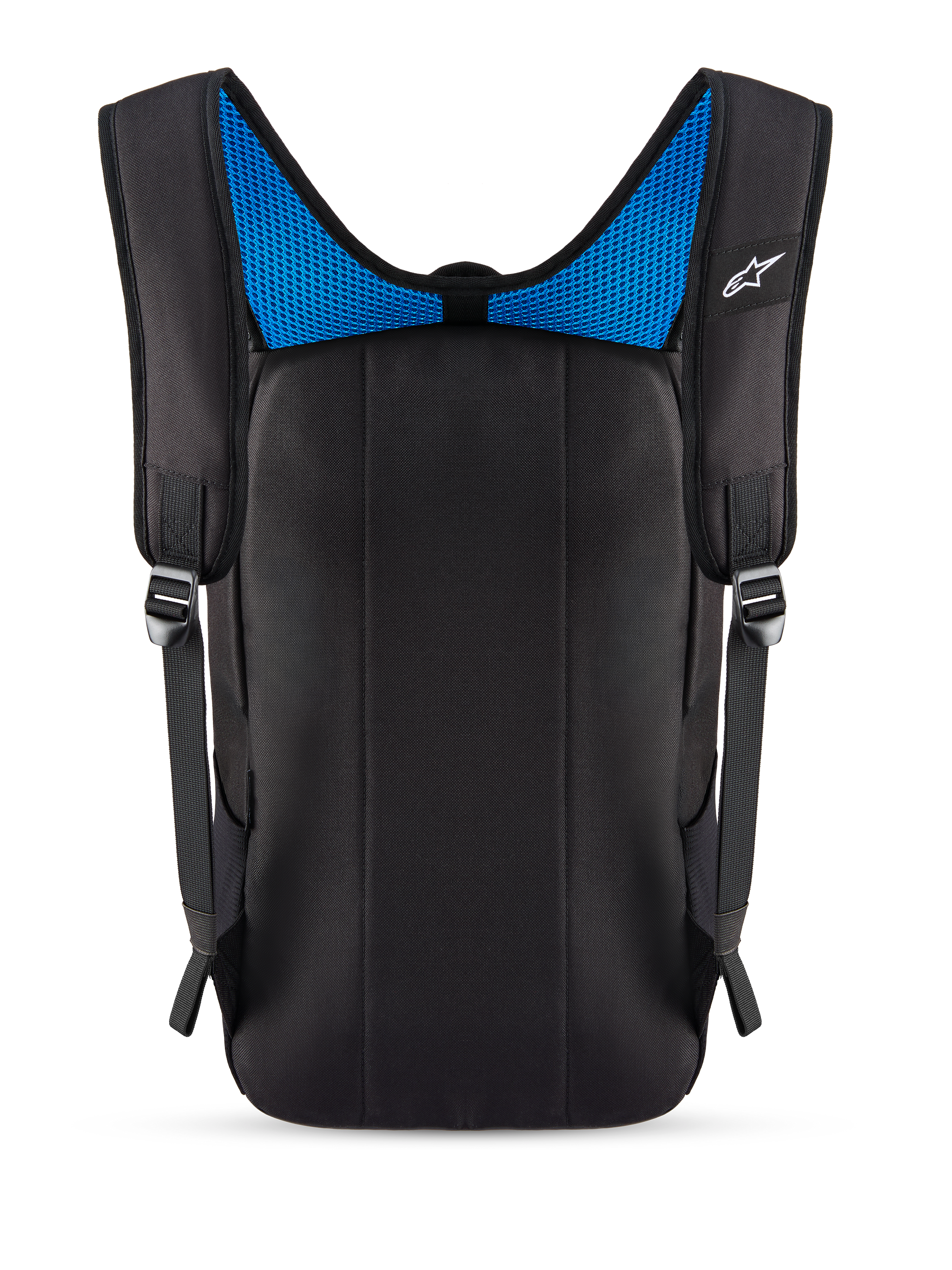Alpinestars Defcon V3 Rucksack, Rückansicht, Schwarz mit blauem Mesh, gepolsterte Rückwand und Air-Mesh-Schultergurte, kleines weißes Alpinestars-Logo, strapazierfähiger Alltagsrucksack