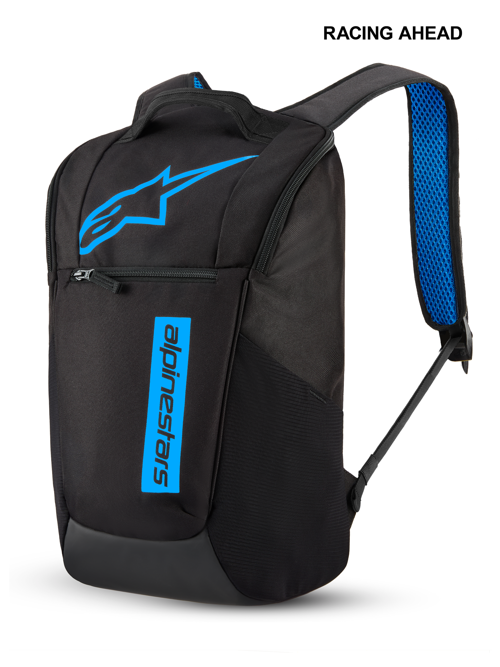 Alpinestars Defcon V3 Rucksack, kleiner Tagesrucksack, Schwarz und Blau, mit leuchtend blauem Stern-Logo und vertikalem Text-Branding, Frontreißverschlusstasche und blauen, gepolsterten Air-Mesh-Schultergurten, strapazierfähiges Sportbekleidungs-Design