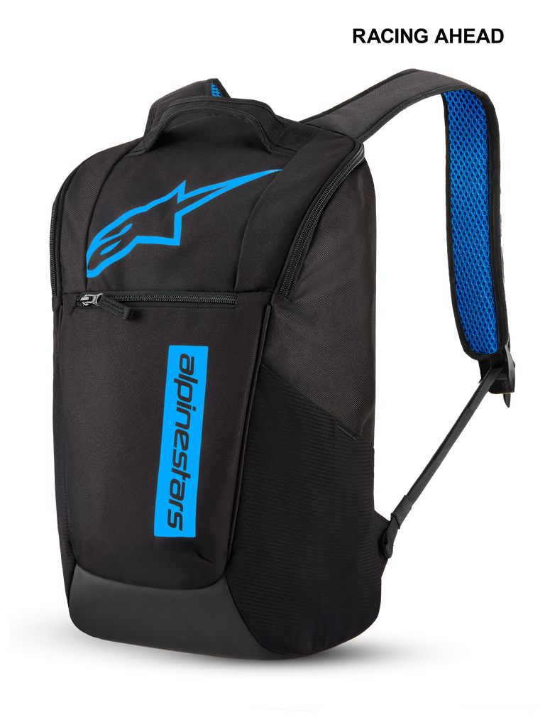 Alpinestars Defcon V3 Rucksack, kleiner Tagesrucksack, Schwarz und Blau, mit leuchtend blauem Stern-Logo und vertikalem Text-Branding, Frontreißverschlusstasche und blauen, gepolsterten Air-Mesh-Schultergurten, strapazierfähiges Sportbekleidungs-Design