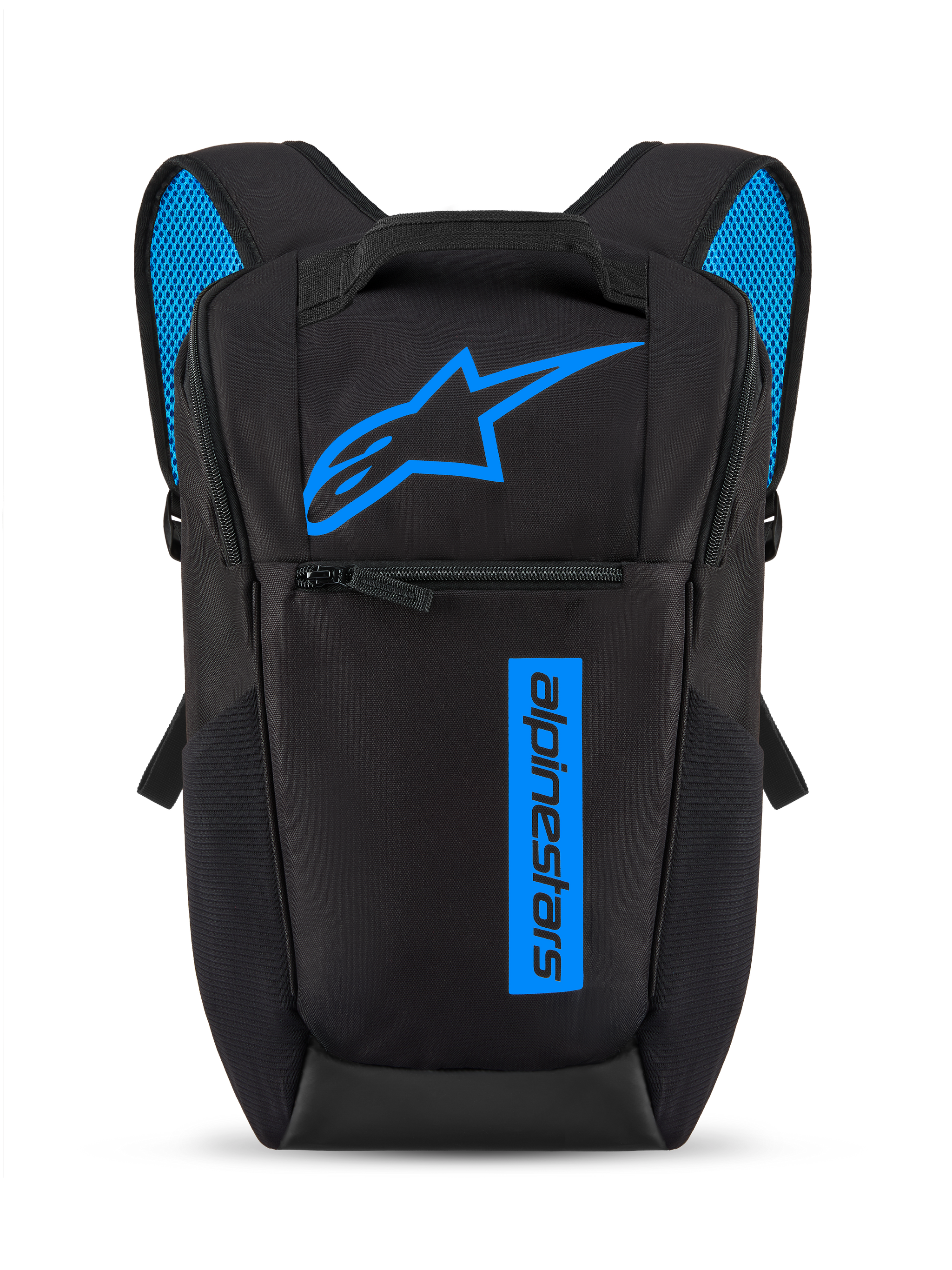 Alpinestars Defcon V3 Rucksack, Schwarz und Blau, kleiner Tagesrucksack mit leuchtend blauem Astars-Logo und vertikalem Branding, Fronttasche mit Reißverschluss, gepolsterte Schultergurte mit blauem Air-Mesh, strapazierfähiges 600D-Polyester-Material