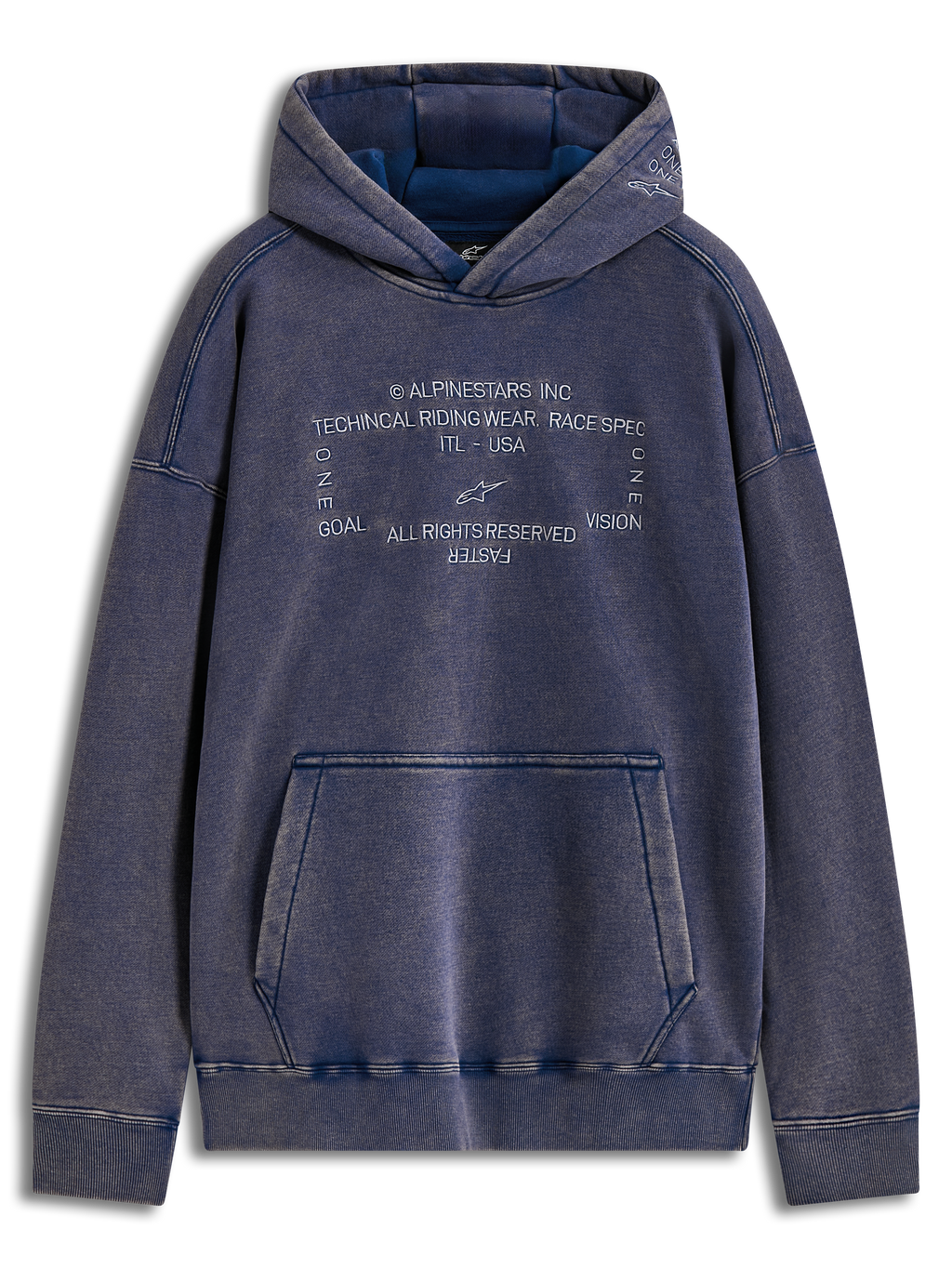 Alpinestars Infinite Washed Oversized Hoodie, Blau mit Snow-Wash-Effekt, fein gestickte Alpinestars-Logos, bequemes Fleece-Material mit Kängurutasche.