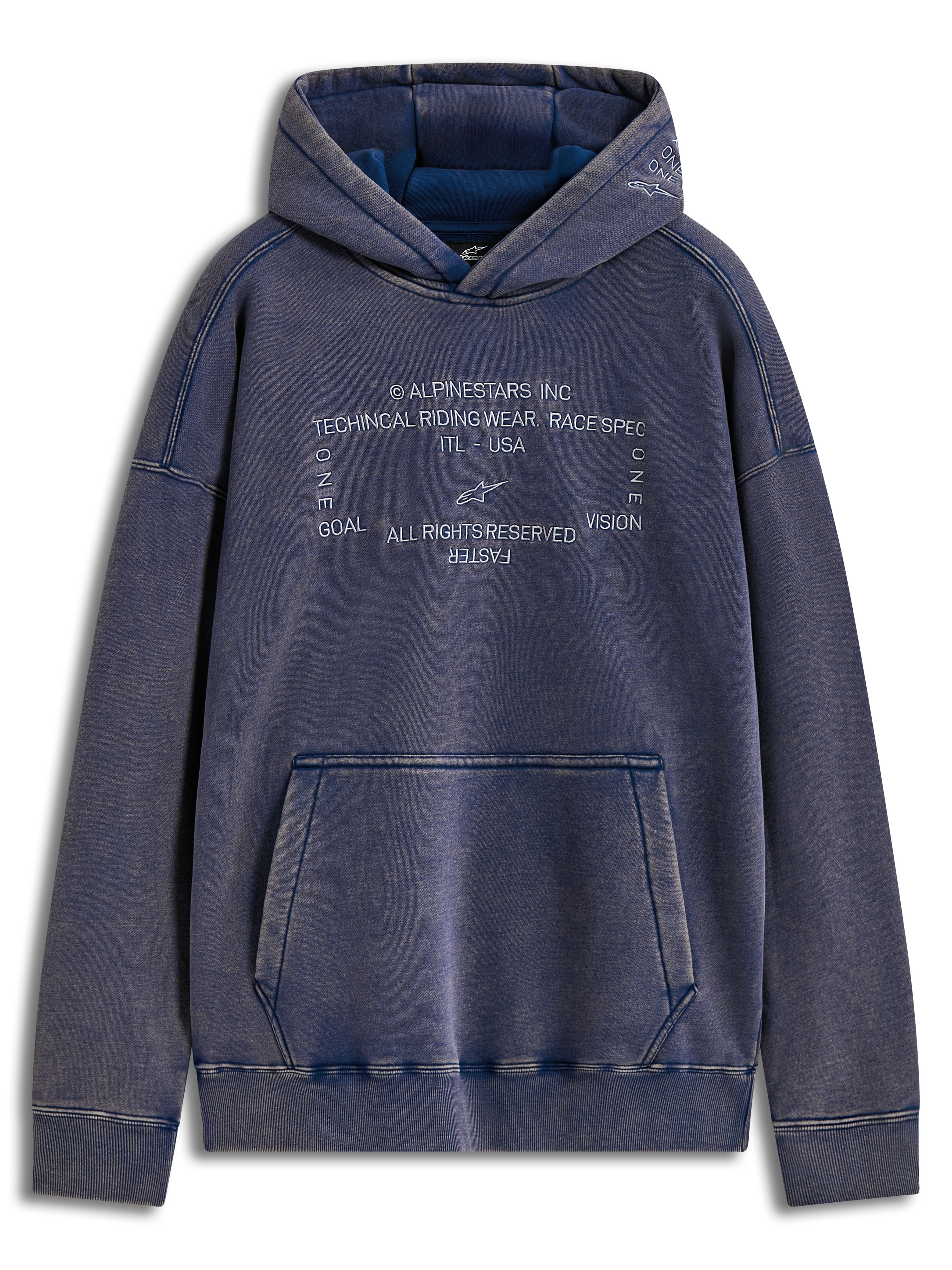 Alpinestars Infinite Washed Oversized Hoodie, Blau mit Snow-Wash-Effekt, fein gestickte Alpinestars-Logos, bequemes Fleece-Material mit Kängurutasche.