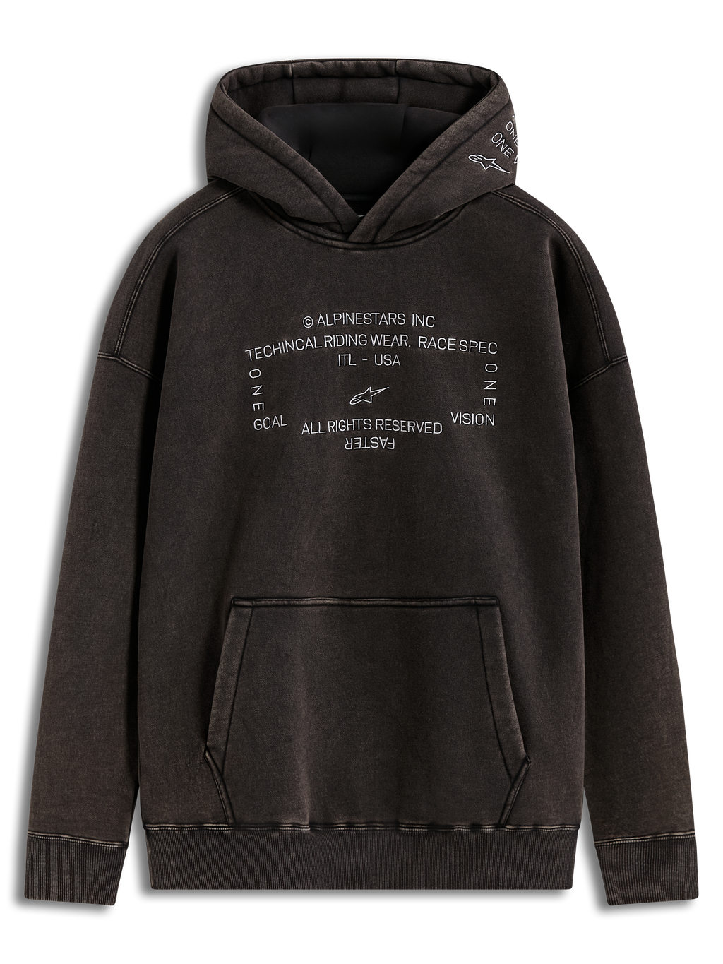 Alpinestars Infinite Washed Oversized Hoodie, Kapuzenpullover in Schwarz, Snow-Wash-Fleece mit gestickten Logos und Kängurutasche, lässige Motorsport-Streetwear