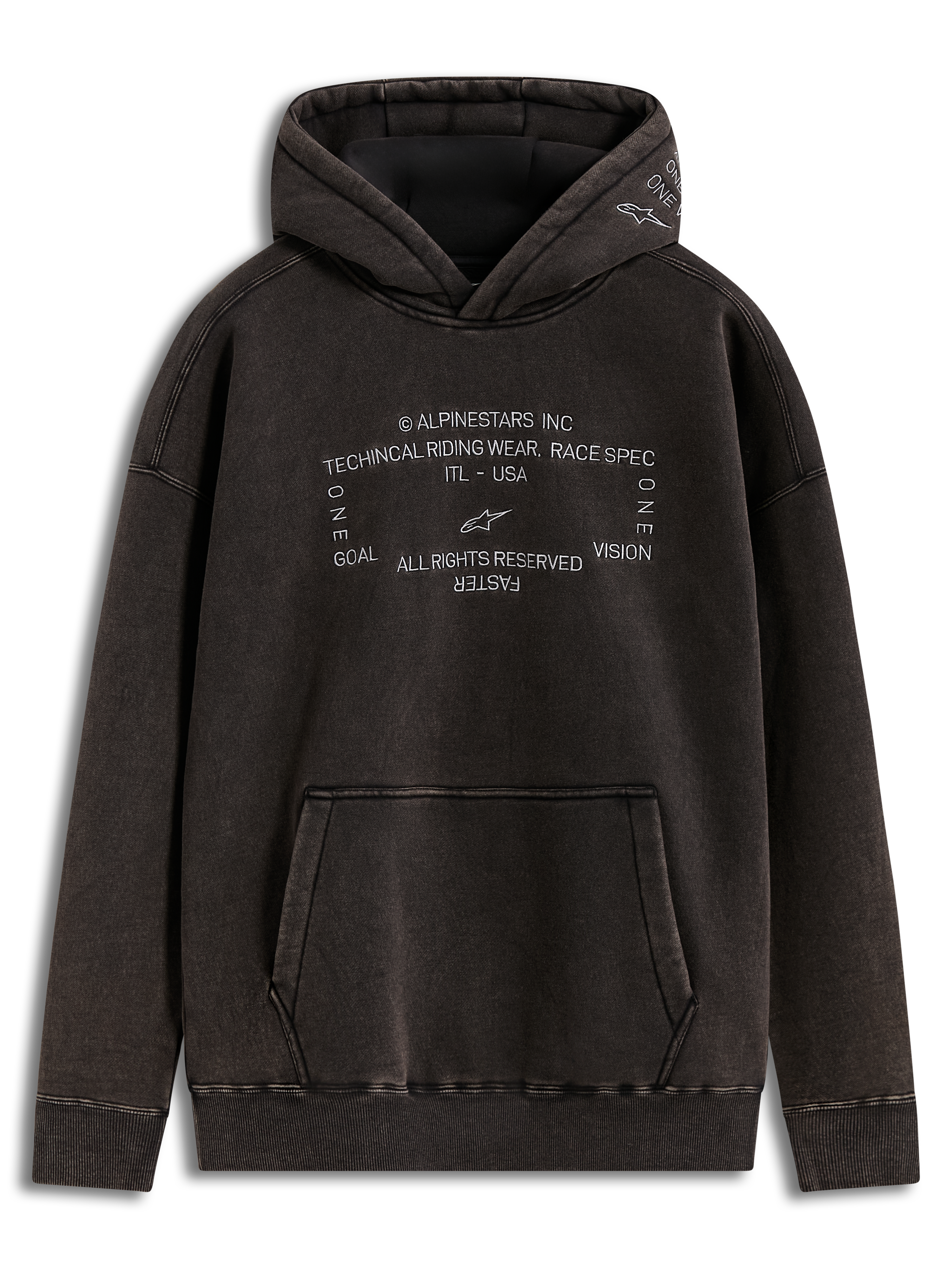 Alpinestars Infinite Washed Oversized Hoodie, Kapuzenpullover in Schwarz, Snow-Wash-Fleece mit gestickten Logos und Kängurutasche, lässige Motorsport-Streetwear