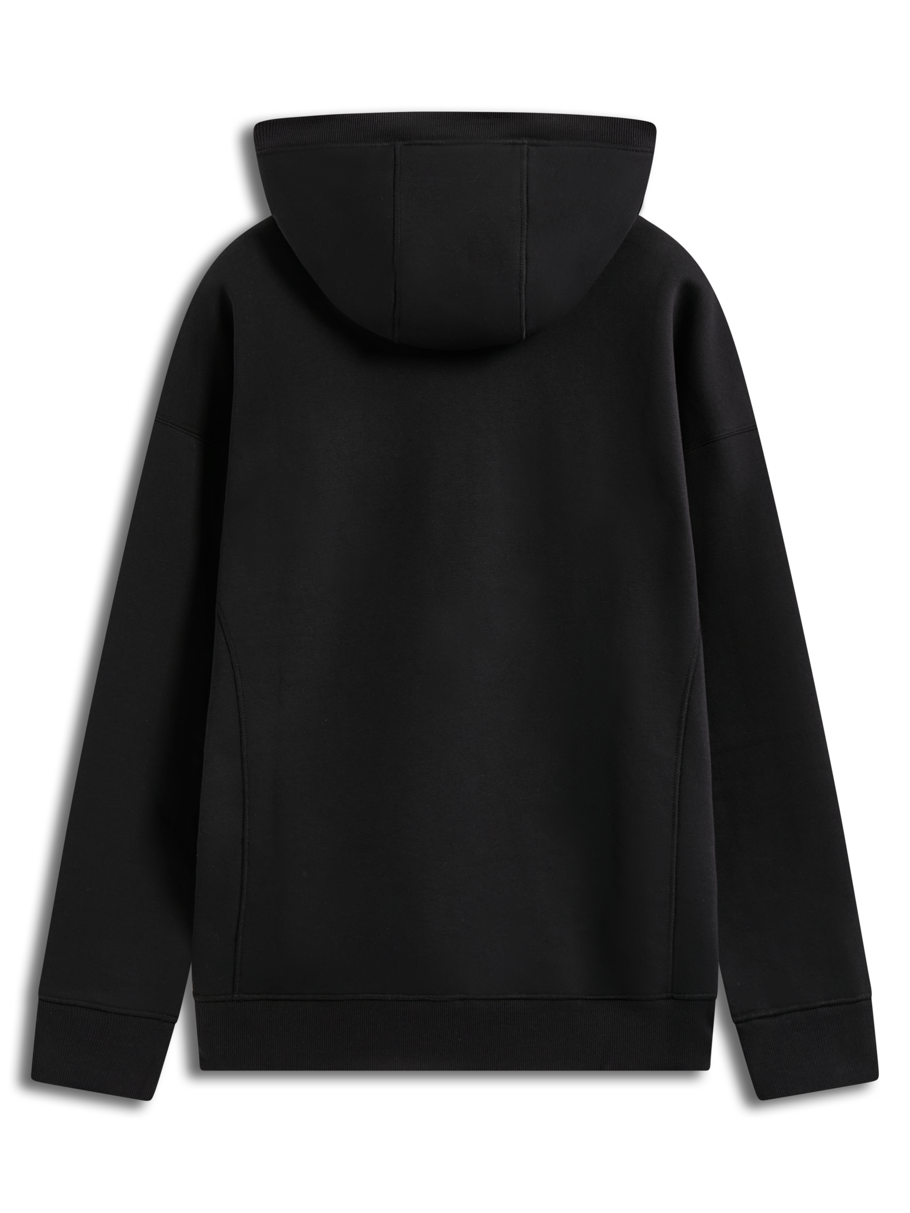 Alpinestars Shaw Oversized Hoodie, schwarzes Sportswear-Fleece in der Rückansicht mit Körpernähten und Rippbesatz-Details.