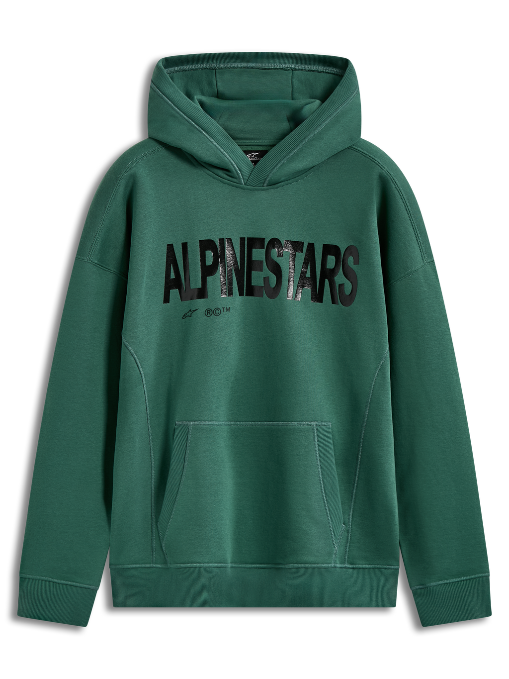 Alpinestars Shaw Oversized Hoodie in Grün, mit schwarzem strukturiertem Wortlogo, Kängurutasche und weichem Fleece-Material.