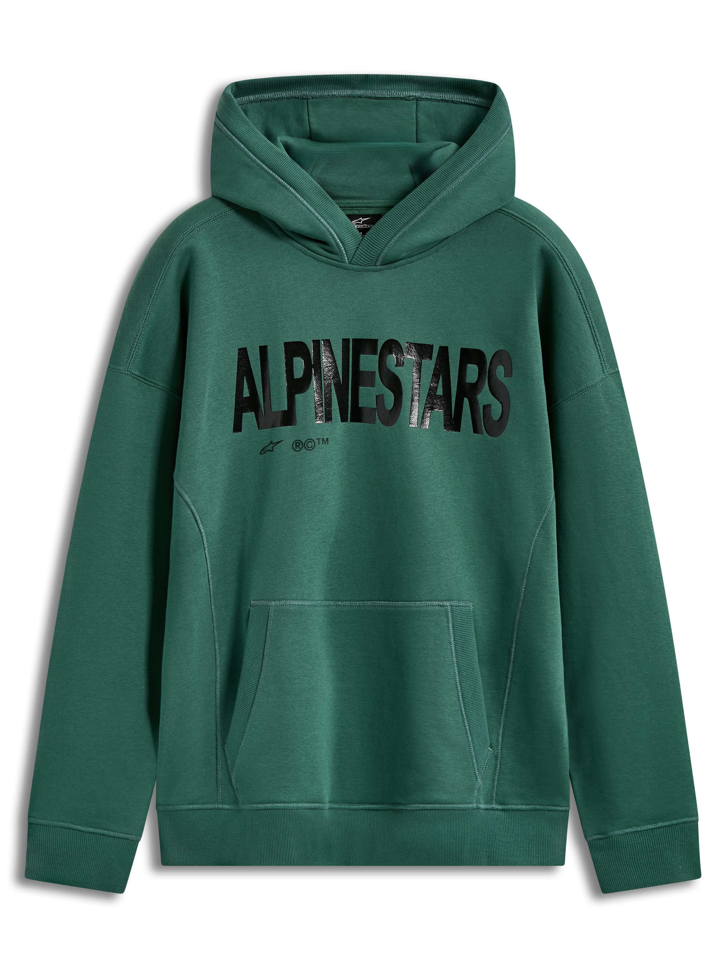 Alpinestars Shaw Oversized Hoodie in Grün, mit schwarzem strukturiertem Wortlogo, Kängurutasche und weichem Fleece-Material.